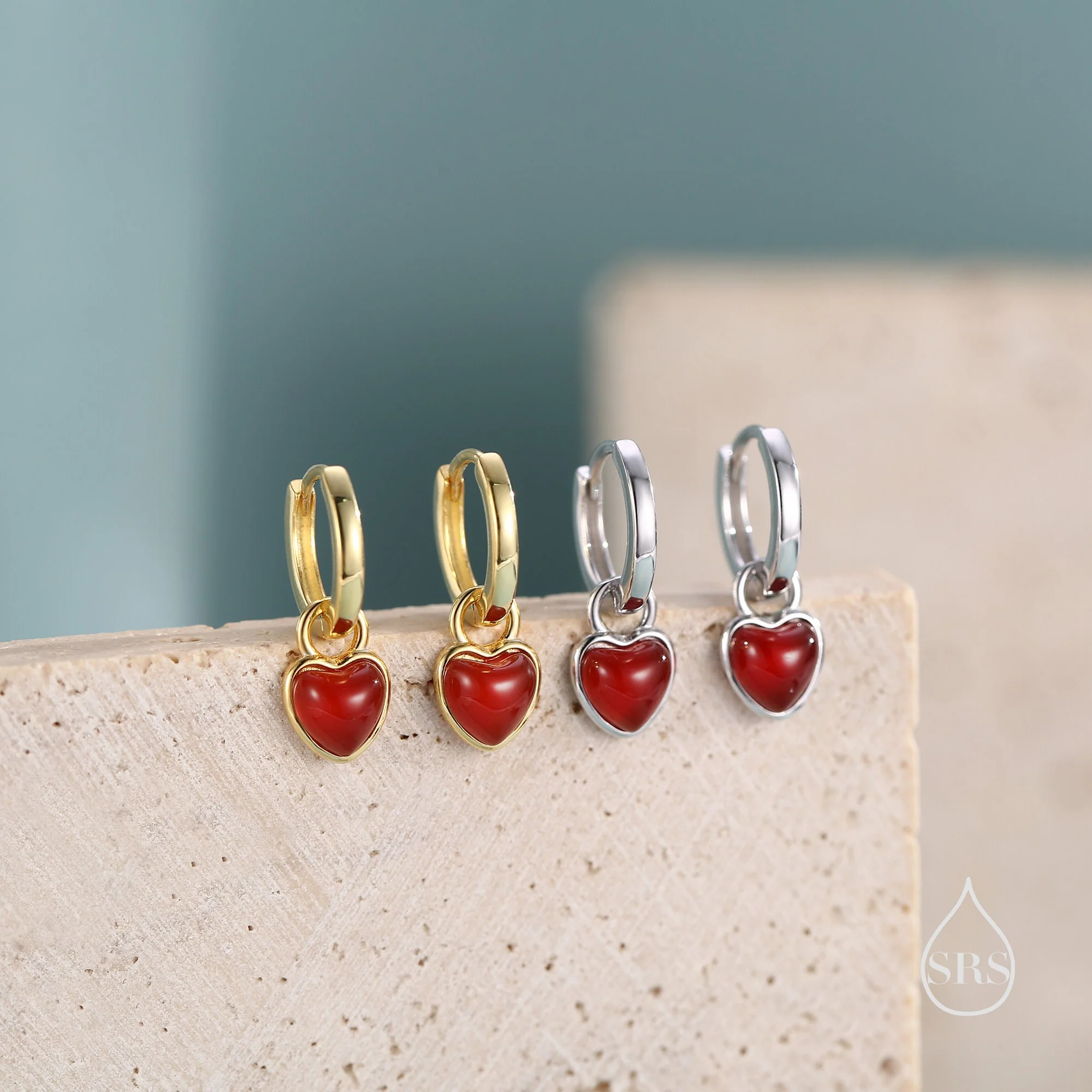 Sterling Silver Genuine Red Onyx Heart Huggie Hoop Earrings - Image 10