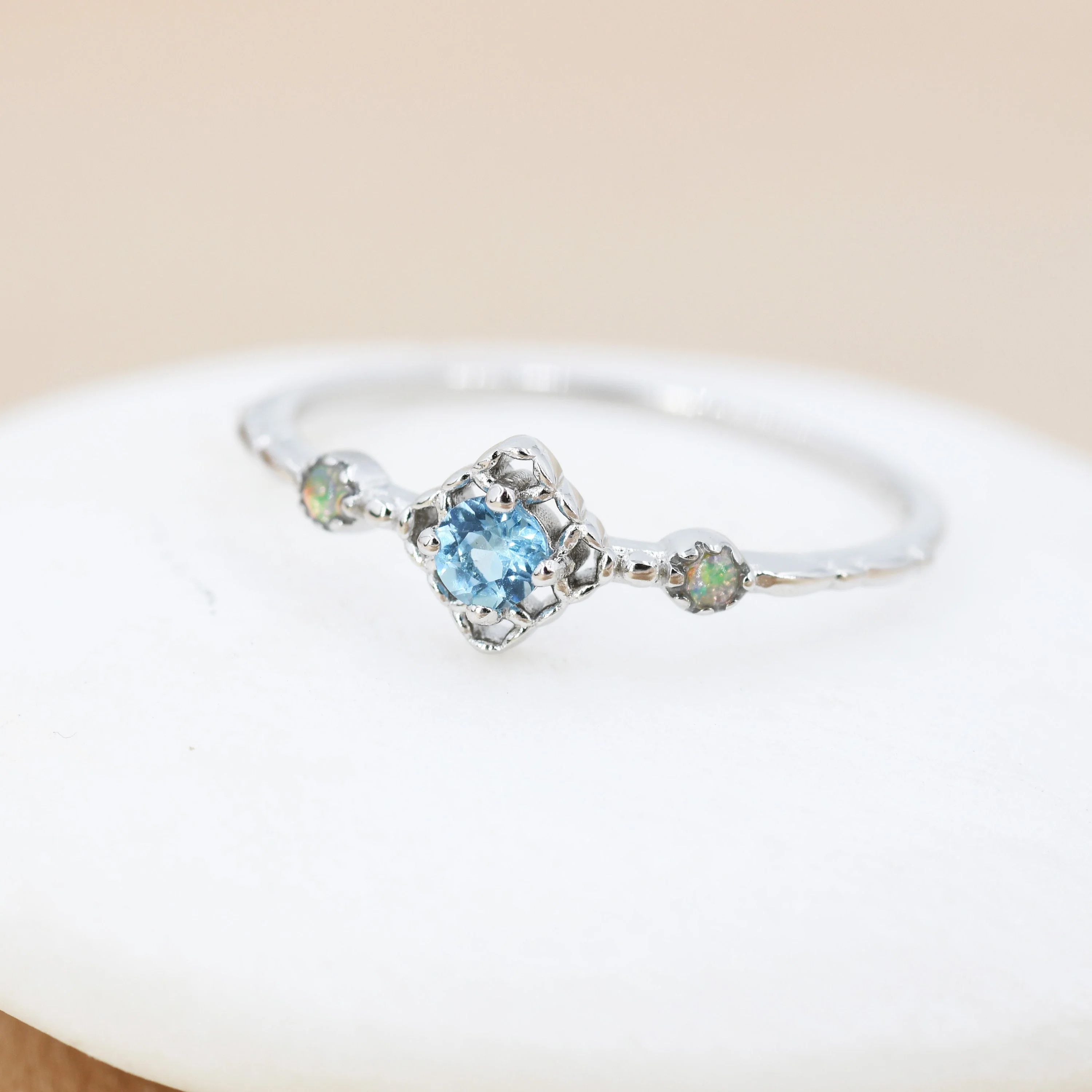 Natural Swiss Blue Topaz Stone and Opal Ring in Sterling Silver, Silver or Gold, Natural  Topaz Ring, Vintage Inspired Design, US 5-8