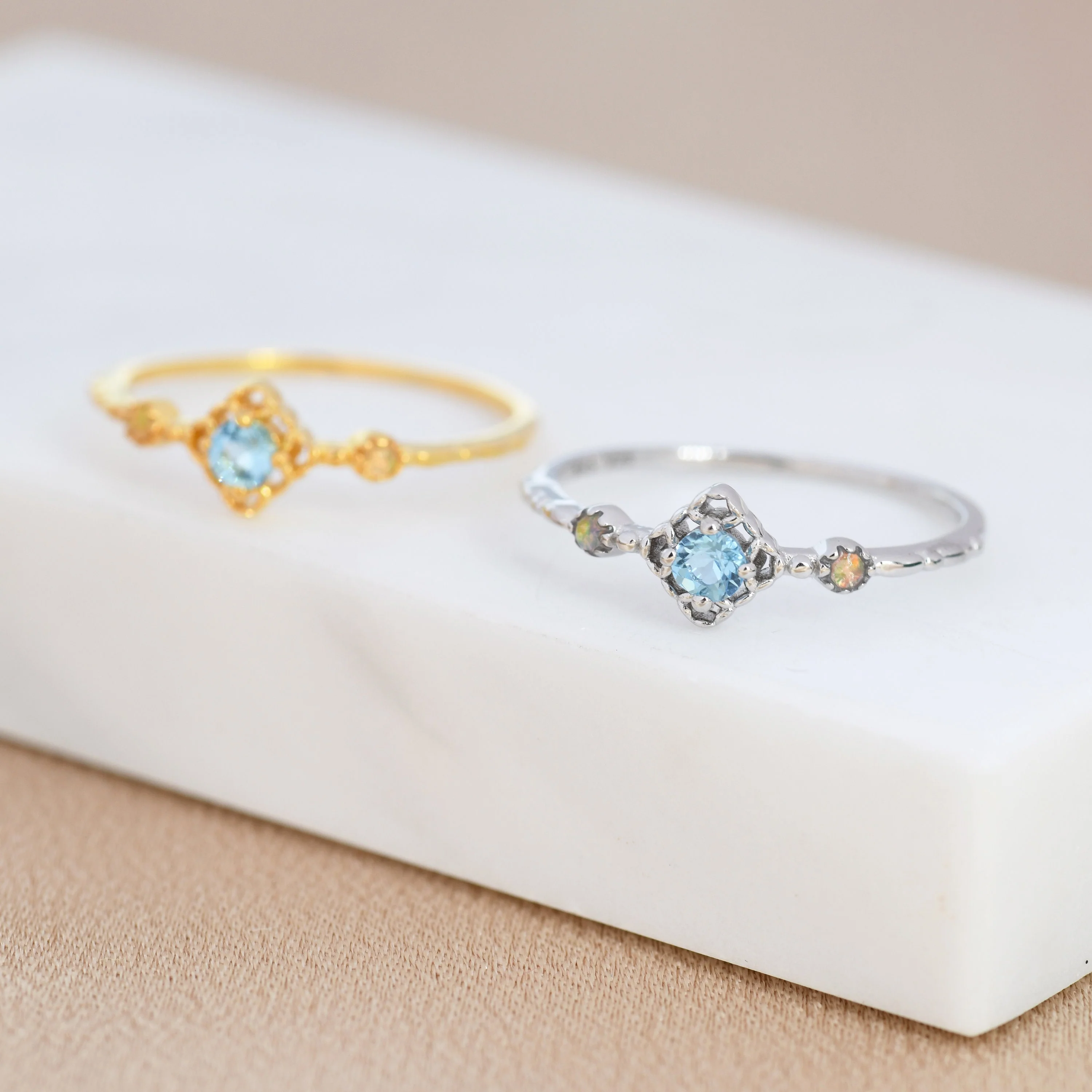 Natural Swiss Blue Topaz Stone and Opal Ring in Sterling Silver, Silver or Gold, Natural  Topaz Ring, Vintage Inspired Design, US 5-8 - Image 2