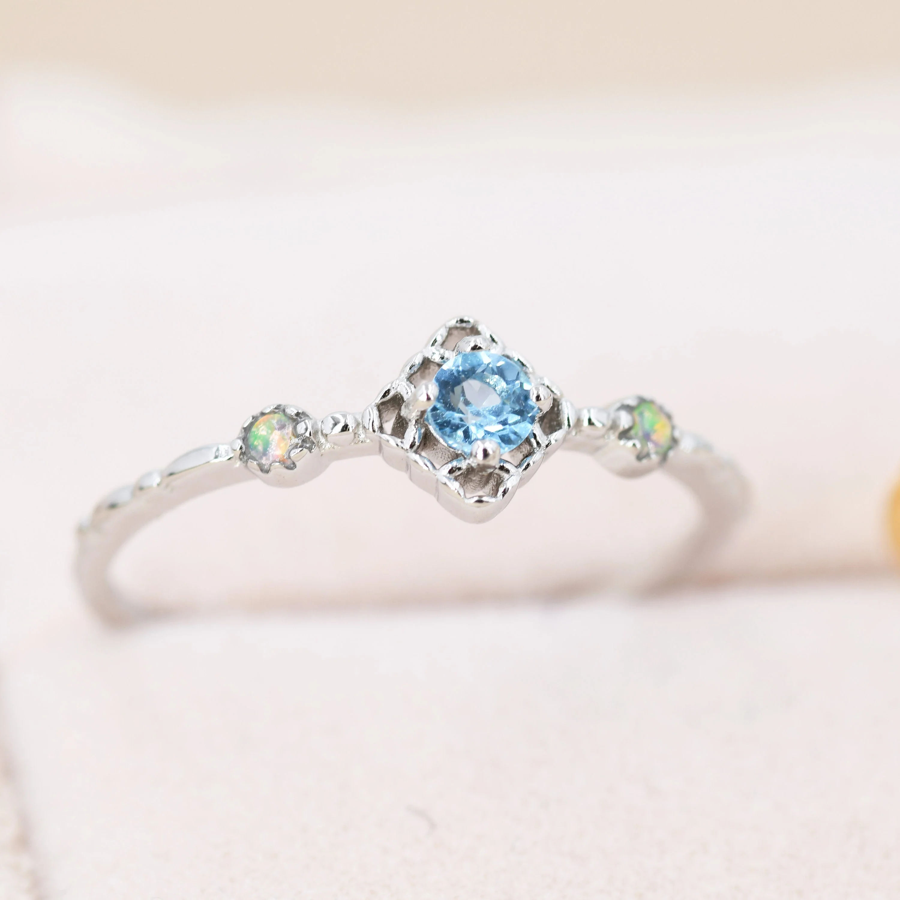 Natural Swiss Blue Topaz Stone and Opal Ring in Sterling Silver, Silver or Gold, Natural  Topaz Ring, Vintage Inspired Design, US 5-8 - Image 6