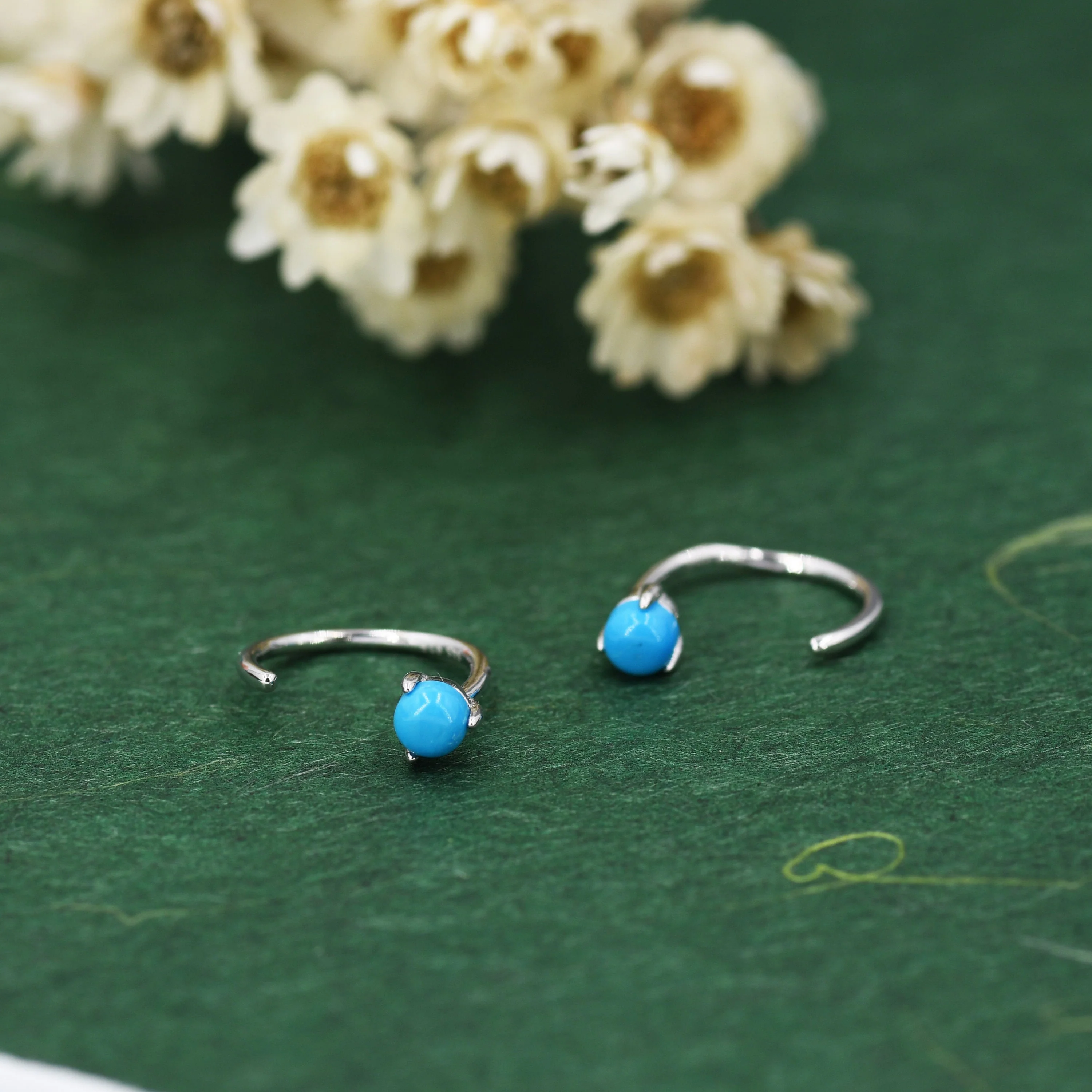Natural Turquoise Huggie Hoop Threader Earrings in Sterling Silver, 3mm Three Prong Set, Gold or Silver, Pull Through Open Hoops - Image 5