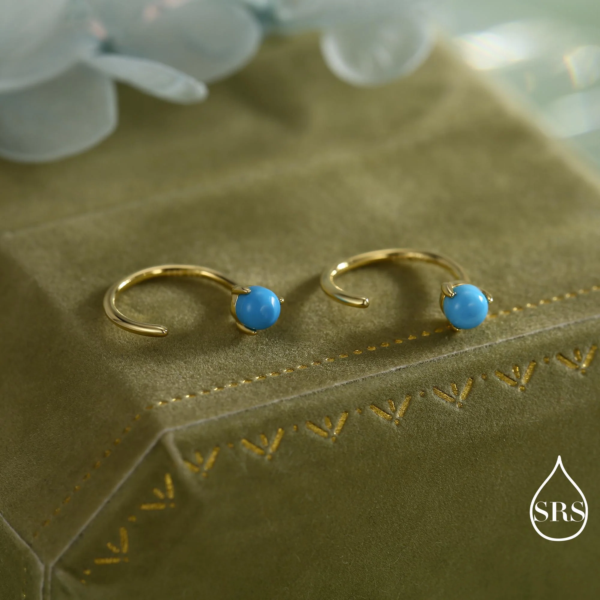 Natural Turquoise Huggie Hoop Threader Earrings in Sterling Silver, 3mm Three Prong Set, Gold or Silver, Pull Through Open Hoops - Image 5