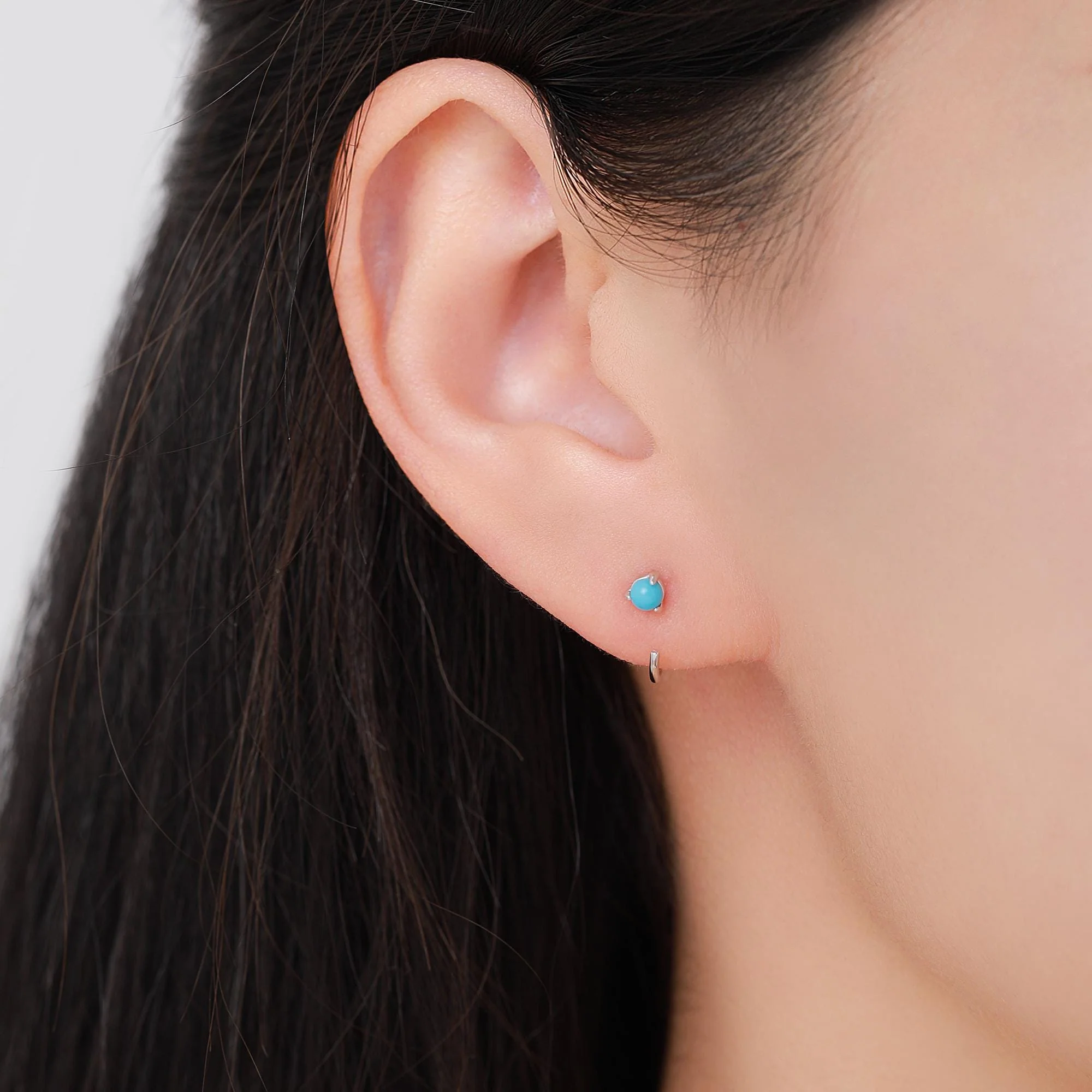 Natural Turquoise Huggie Hoop Threader Earrings in Sterling Silver, 3mm Three Prong Set, Gold or Silver, Pull Through Open Hoops - Image 8