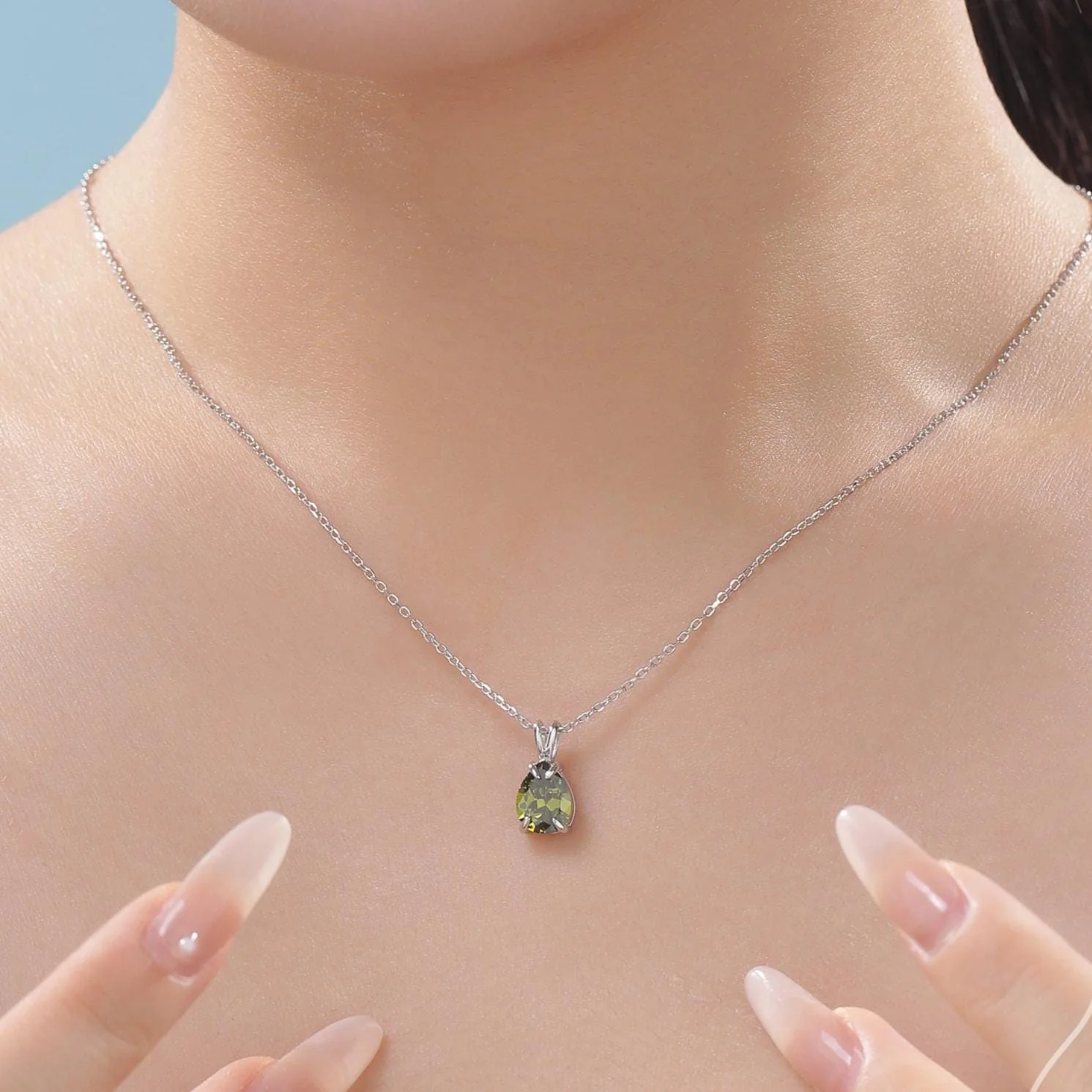 Olive Green CZ Pear Cut Pendant Necklace in Sterling Silver, 7 x 9mm, Green Droplet necklace, Diamond CZ - Image 2