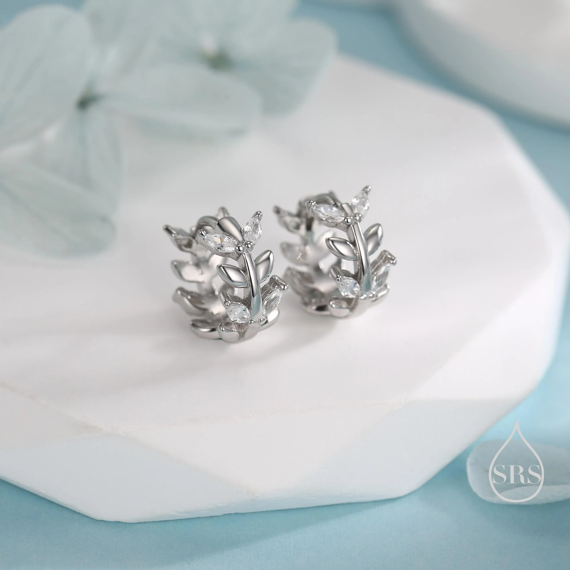 Olive Leaf Huggie Hoop in Sterling Silver, Two Way Huggies, Silver or Gold, 8mm Inner Diameter, Nature Inspired Earrings - Image 2