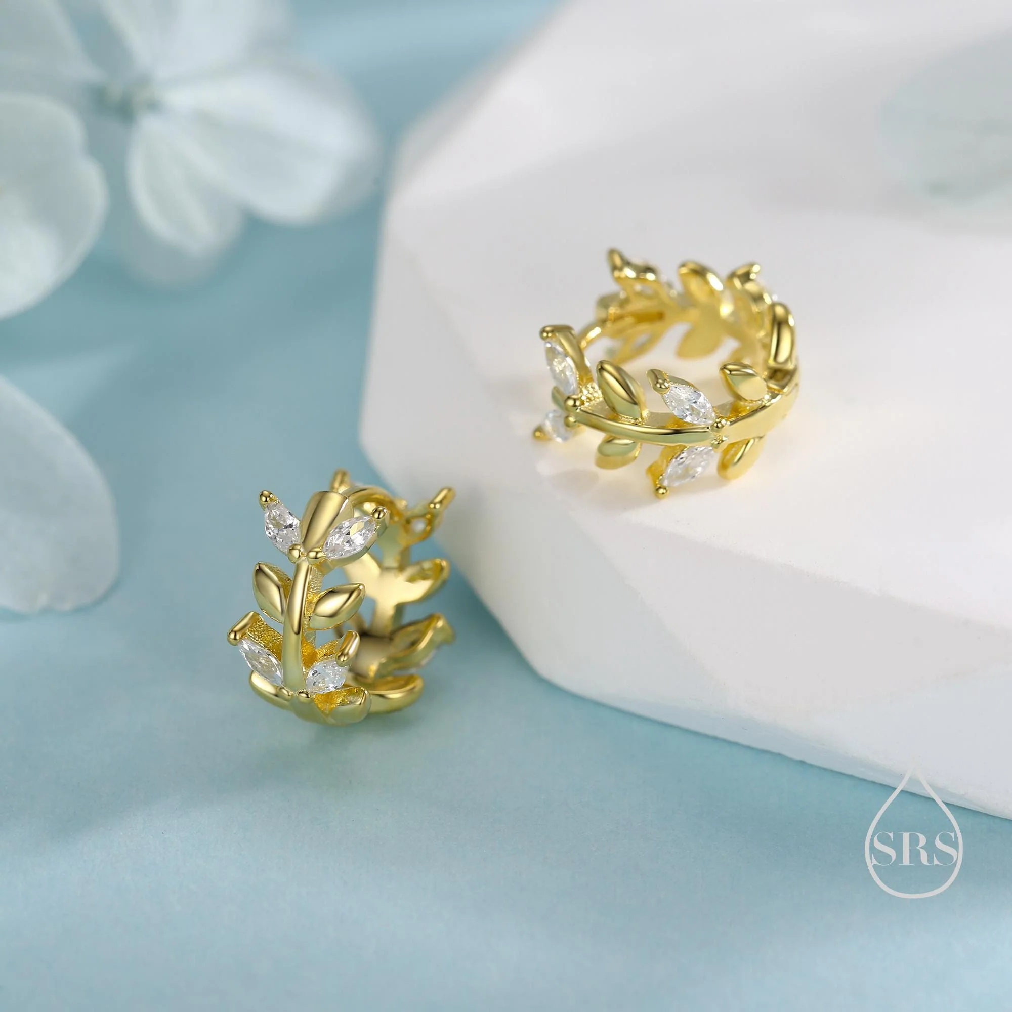 Olive Leaf Huggie Hoop in Sterling Silver, Two Way Huggies, Silver or Gold, 8mm Inner Diameter, Nature Inspired Earrings - Image 3