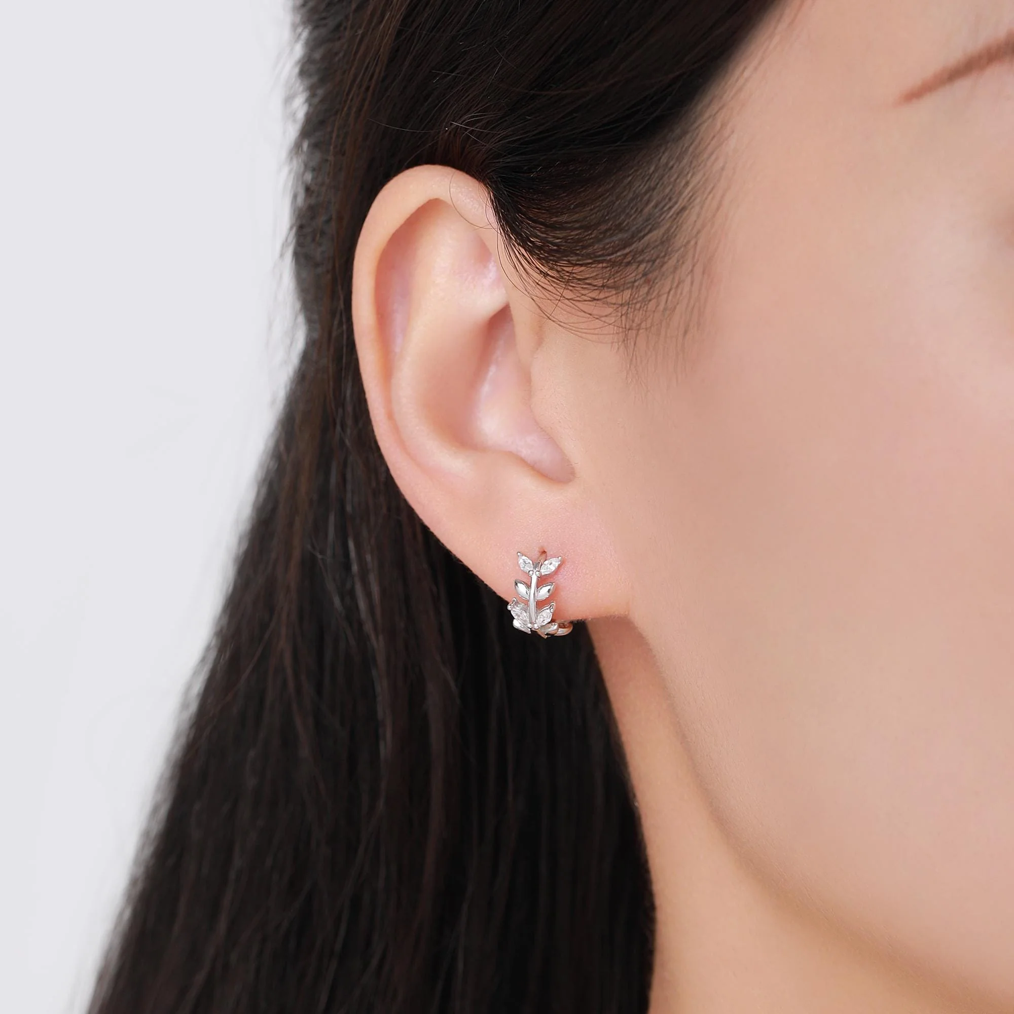 Olive Leaf Huggie Hoop in Sterling Silver, Two Way Huggies, Silver or Gold, 8mm Inner Diameter, Nature Inspired Earrings - Image 7