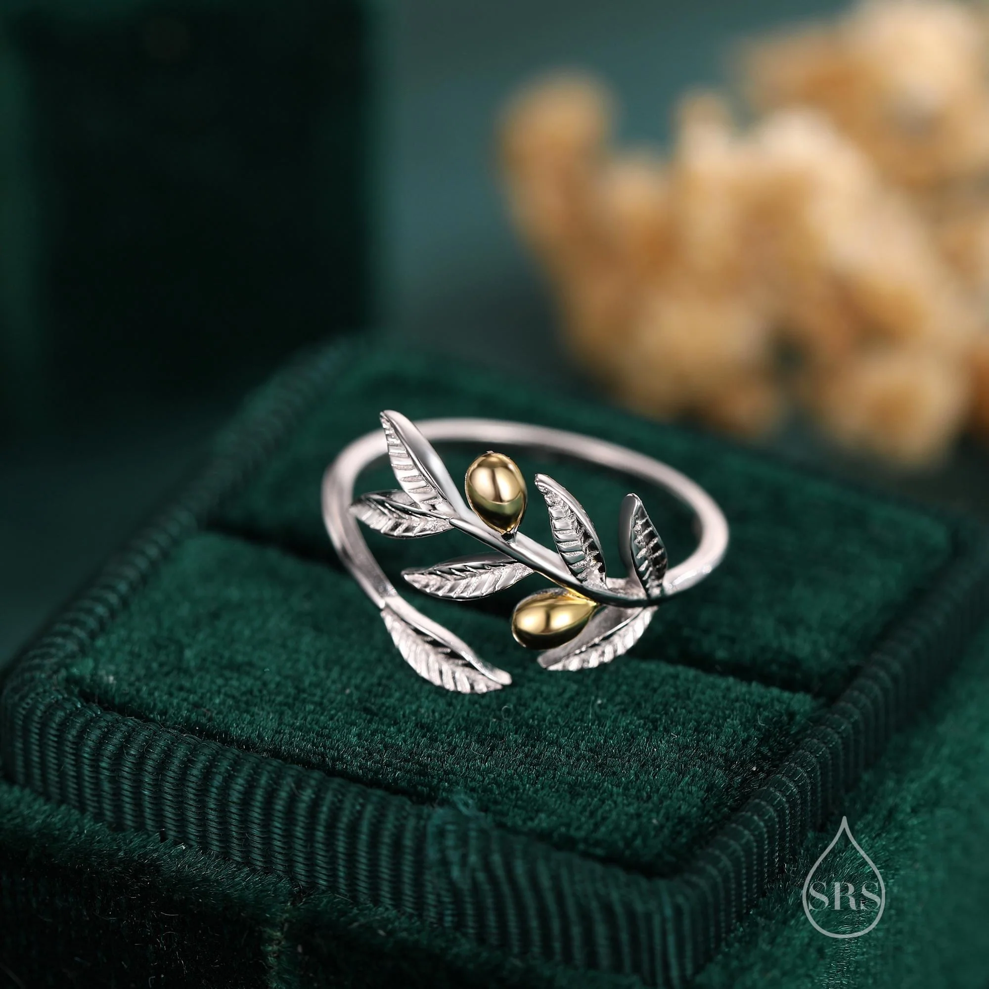 Olive Leaf with Olive Ring in Sterling Silver, Two Tone Finish, Adjustable Size, Olive Branch Botanical Jewellery, Olive Fruit Ring - Image 5