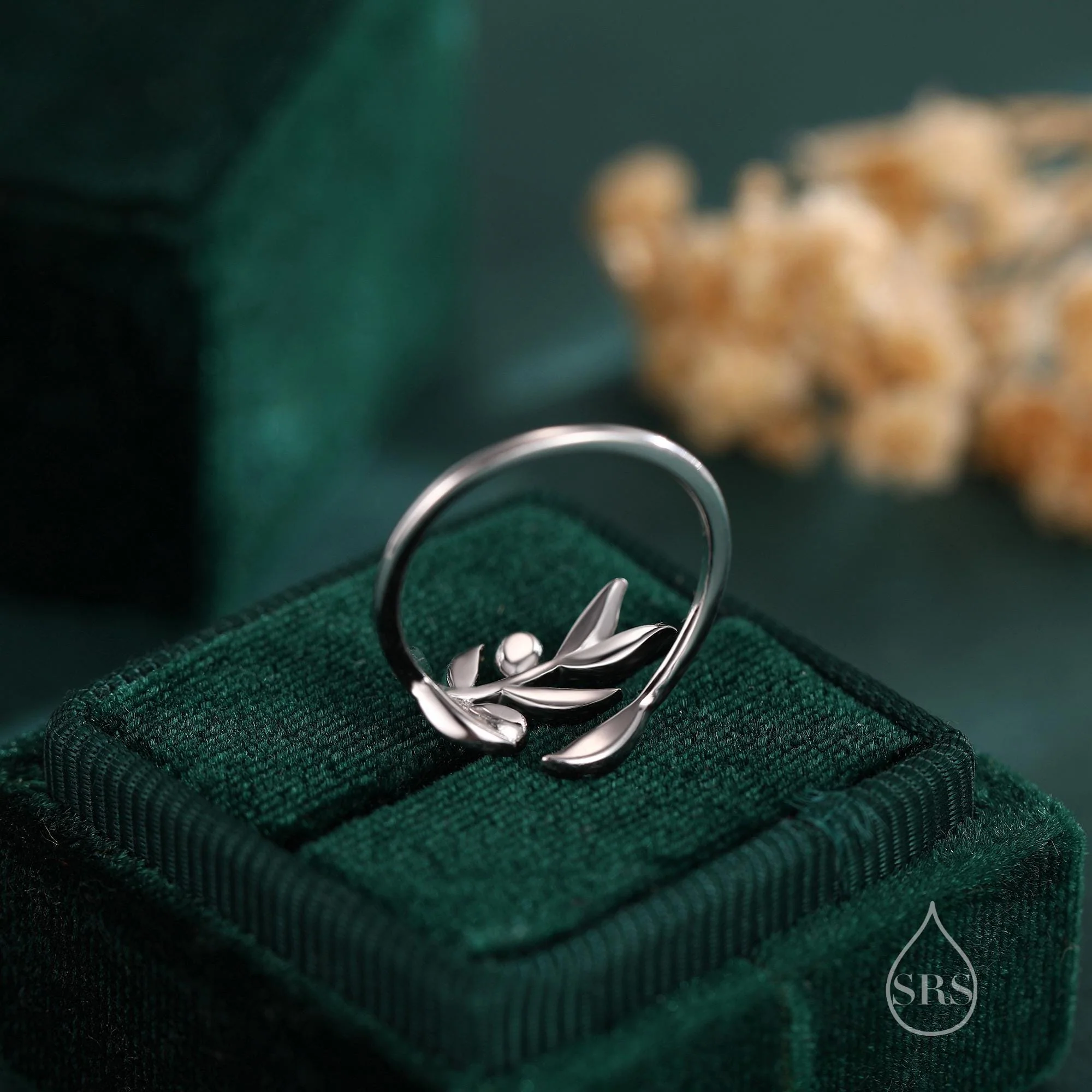 Olive Leaf with Olive Ring in Sterling Silver, Two Tone Finish, Adjustable Size, Olive Branch Botanical Jewellery, Olive Fruit Ring - Image 6