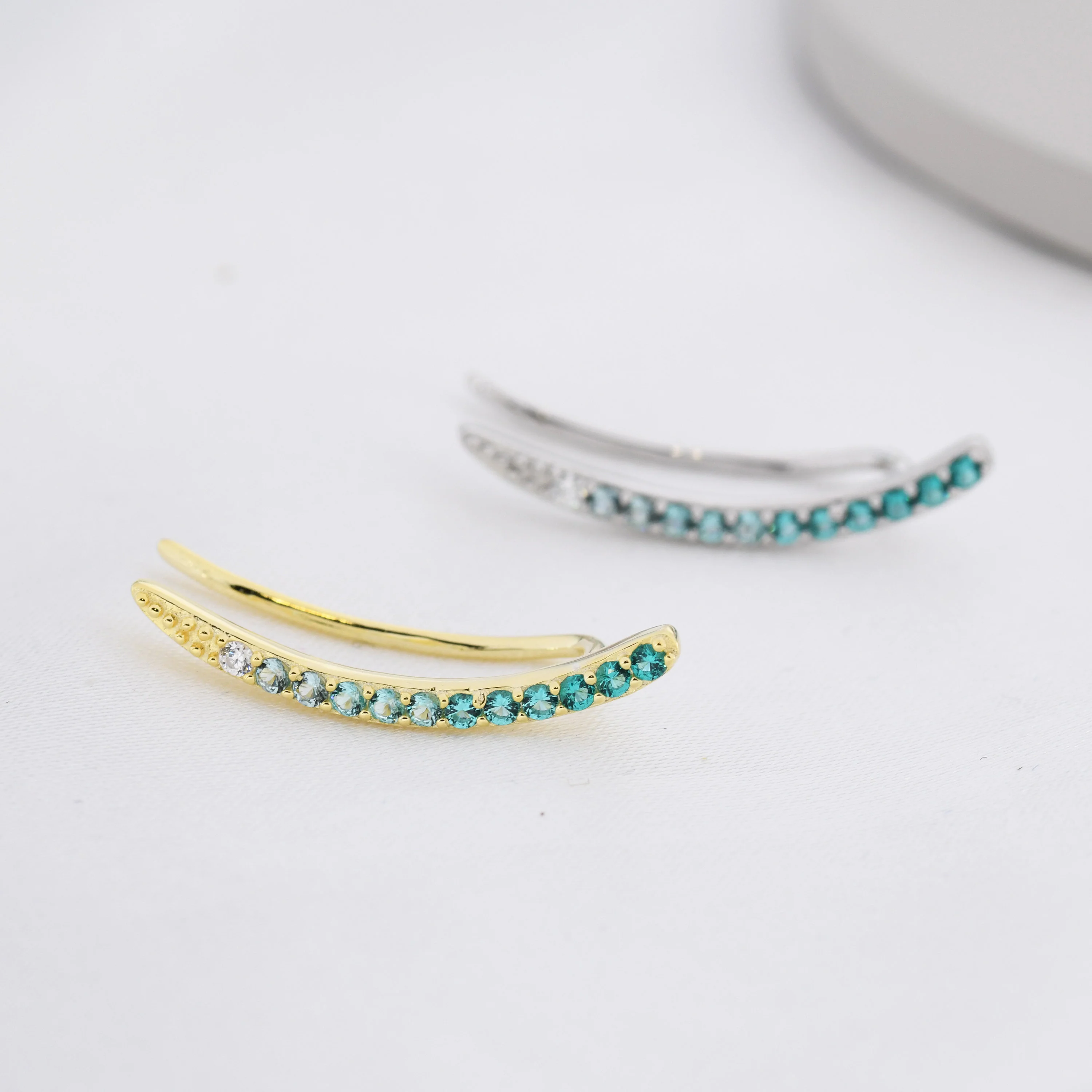Ombre Emerald Green CZ Crawler Earrings in Sterling Silver, Silver or Gold, Gradient Colour Ear Crawlers, May Birthstone Ear Climbers - Image 5