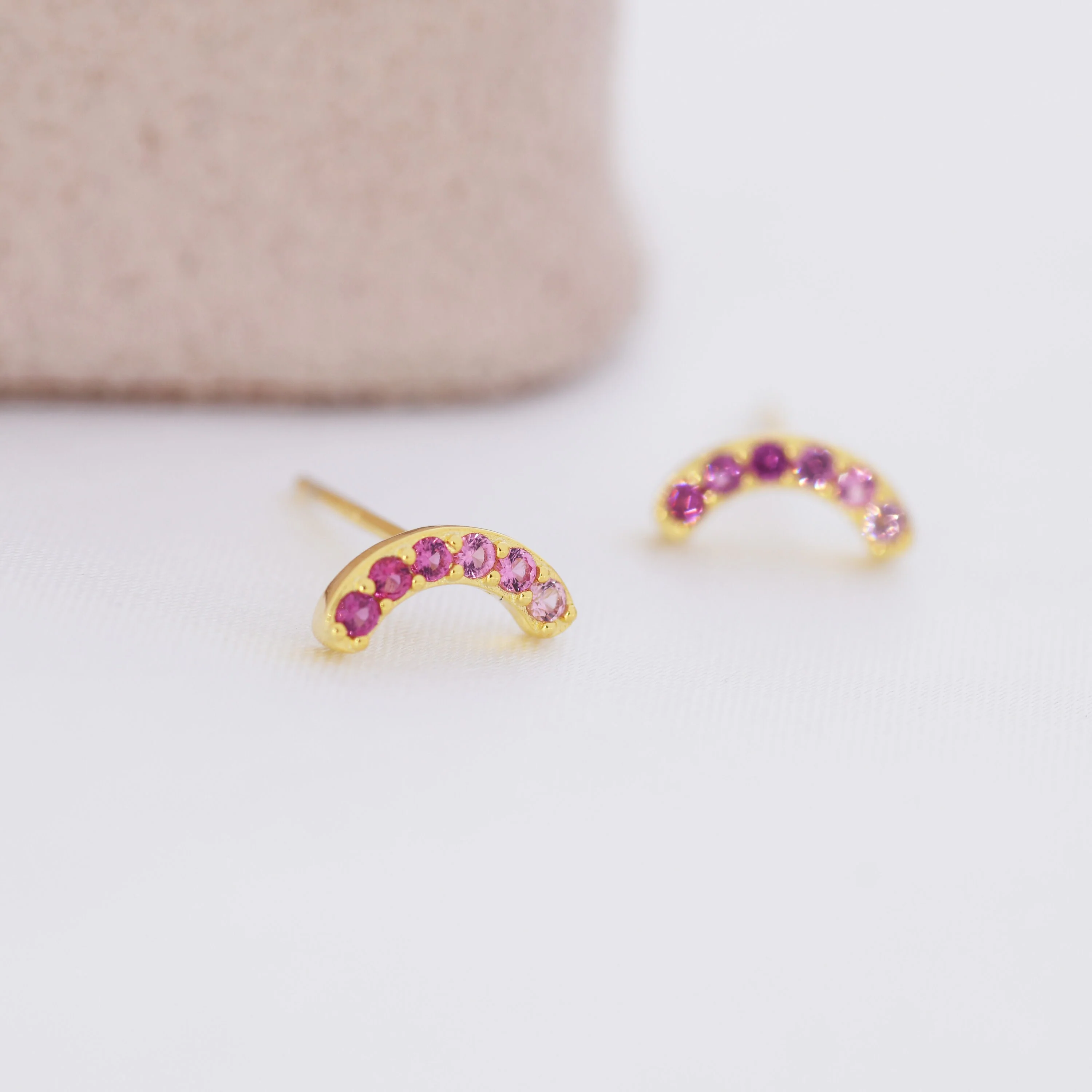 Ombre Ruby Pink CZ Arch Rainbow Stud Earrings in Sterling Silver, Gradient Colour Red Pink Rainbow Earrings, Stacking Earrings - Image 6