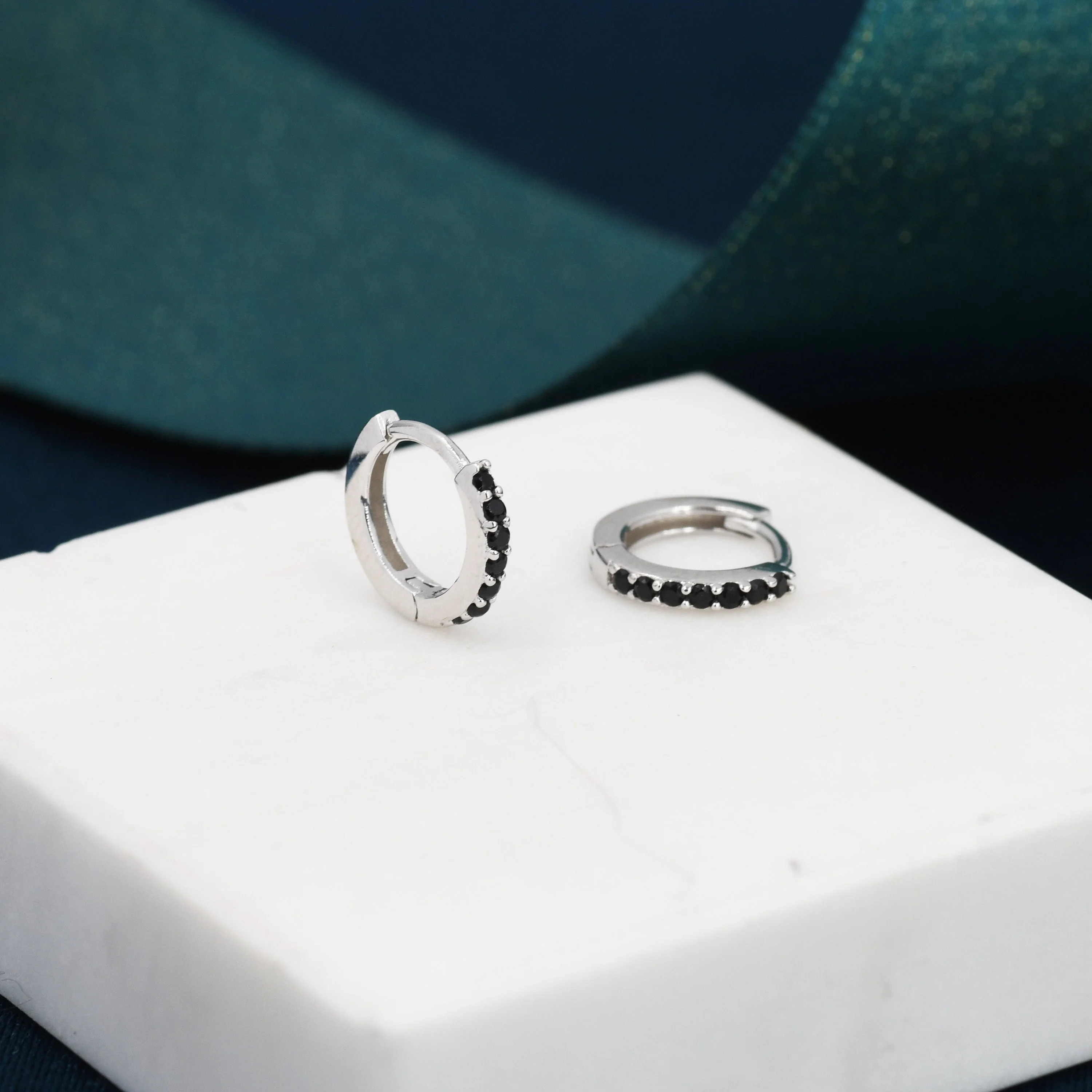 Onyx Black CZ Crystal Huggie Hoops in Sterling Silver, Silver or Gold, 6mm, 7mm and 8mm Minimalist Hoop Earrings - Image 2