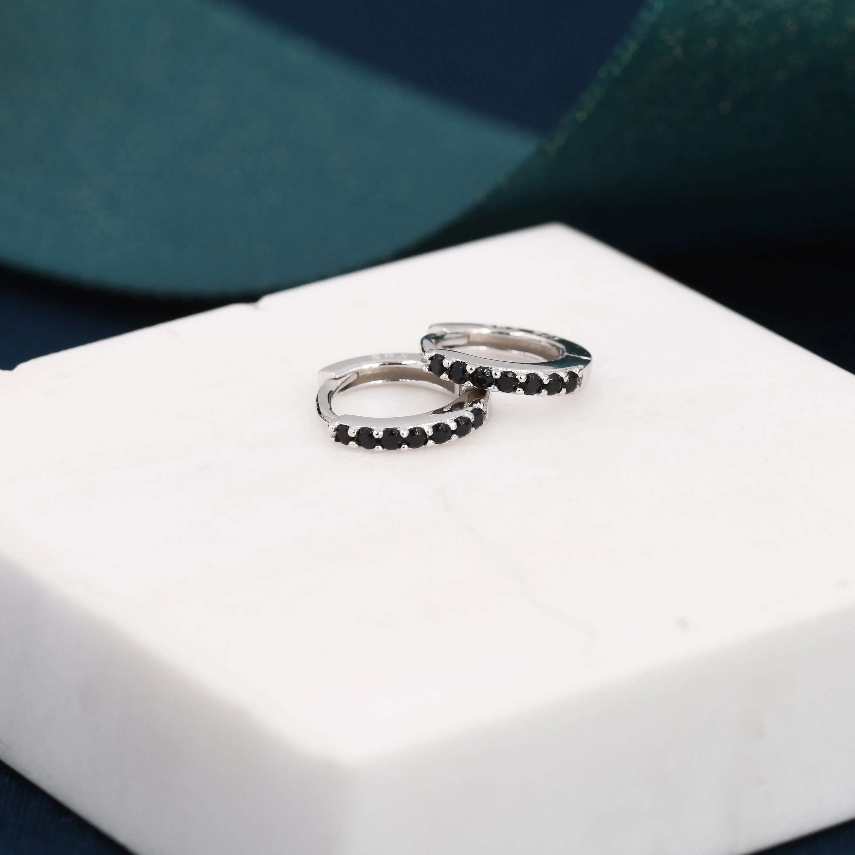 Onyx Black CZ Crystal Huggie Hoops in Sterling Silver, Silver or Gold, 6mm, 7mm and 8mm Minimalist Hoop Earrings - Image 3