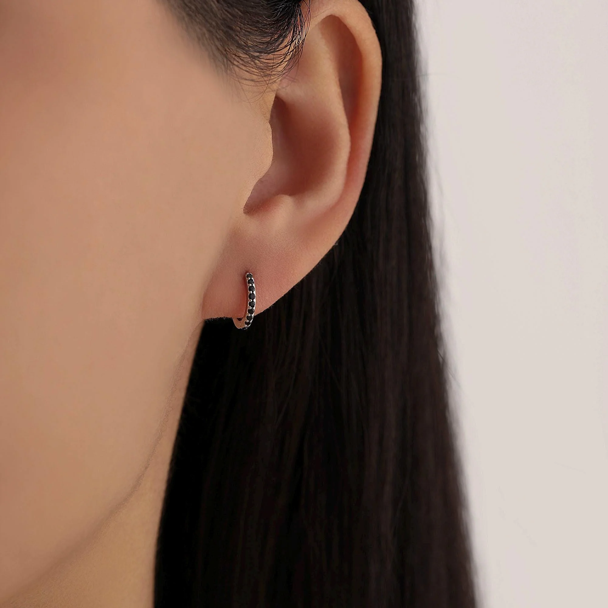 Onyx Black CZ Crystal Huggie Hoops in Sterling Silver, Silver or Gold, 6mm, 7mm and 8mm Minimalist Hoop Earrings - Image 4