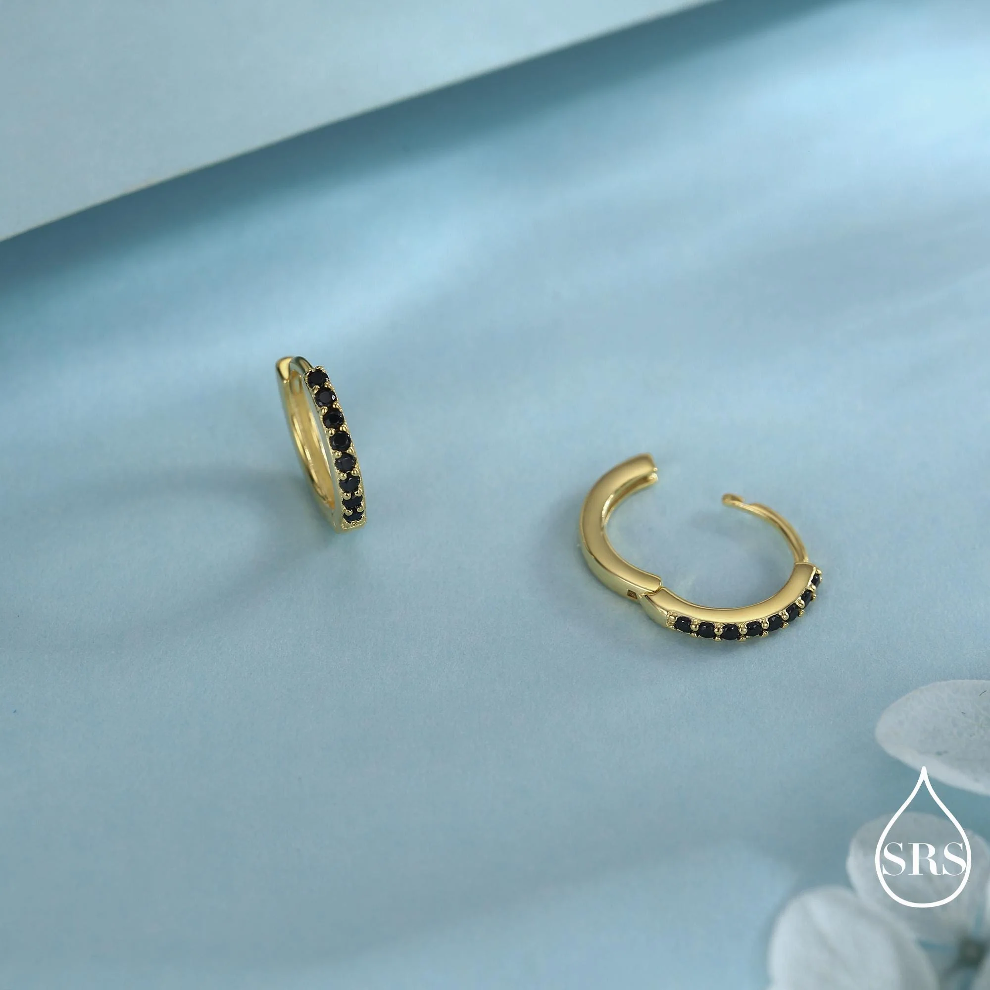 Onyx Black CZ Crystal Huggie Hoops in Sterling Silver, Silver or Gold, 6mm, 7mm and 8mm Minimalist Hoop Earrings - Image 5