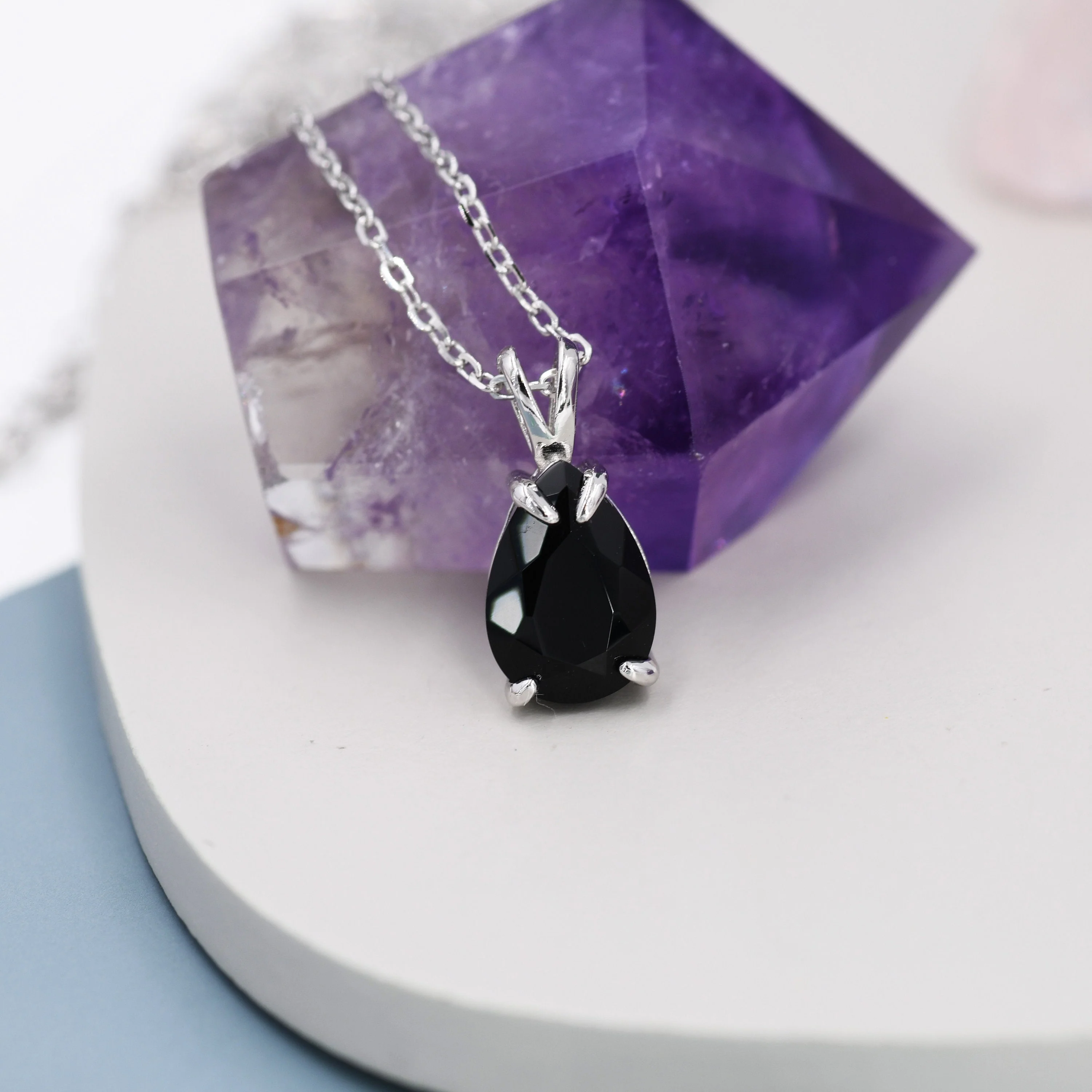 Onyx Black Pear Cut CZ Necklace in Sterling Silver, 7 x 9mm, Droplet Black Diamond Necklace, Diamond CZ - Image 4