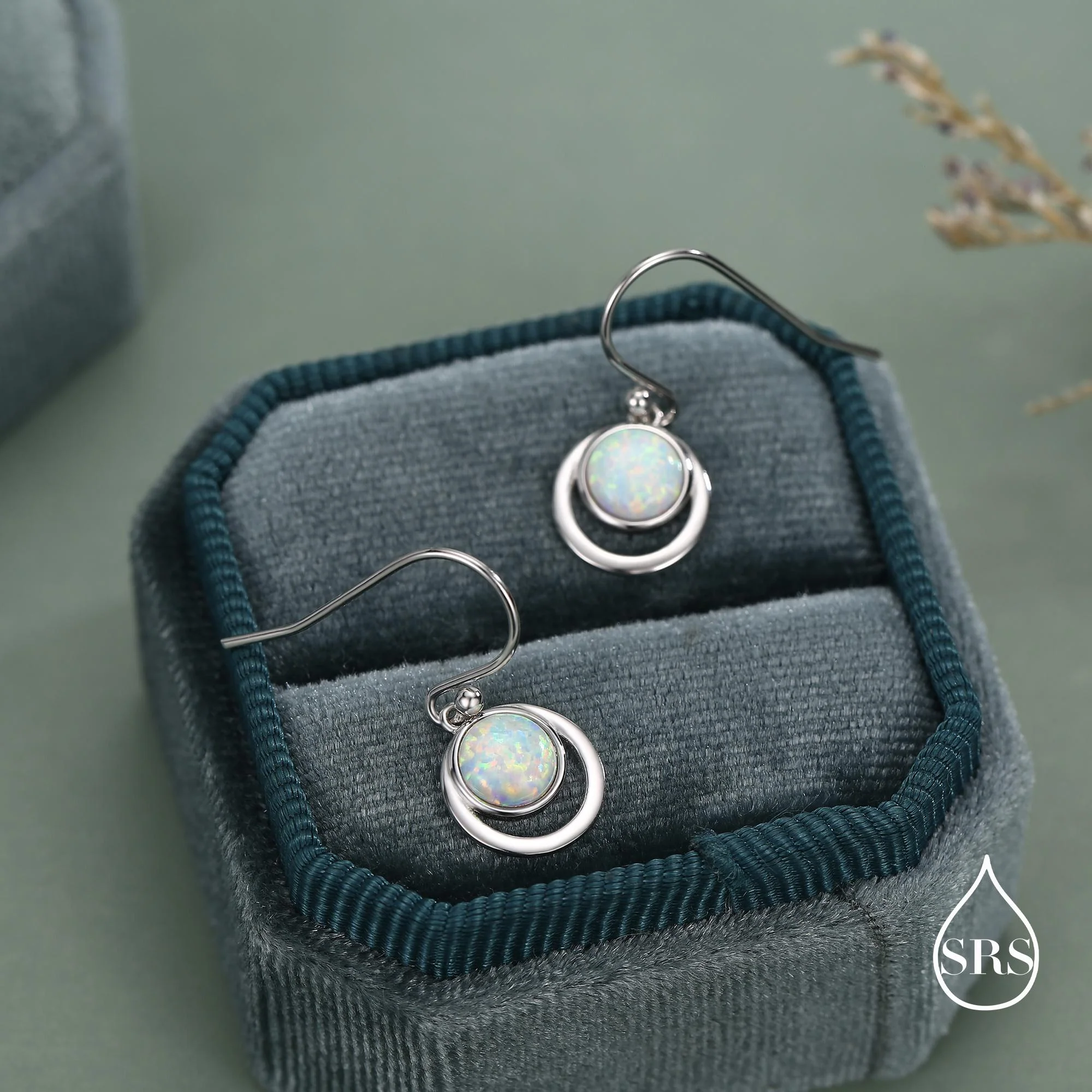 Opal and Circle Drop Hook Earrings in Sterling Silver, Delicate Fire Opal Geometric Earrings, Opal Coin Earrings - Image 3