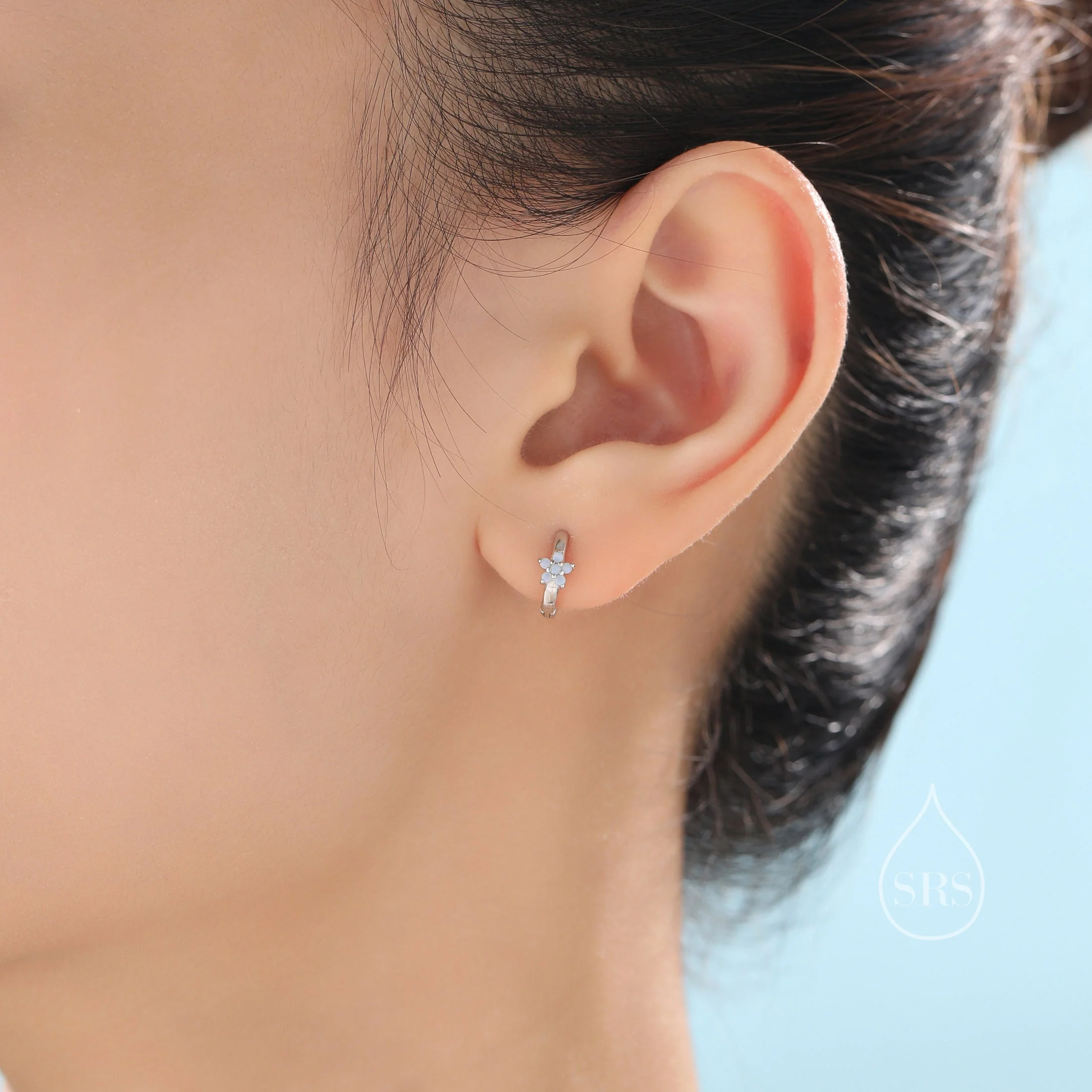 Opal Blue CZ Flower Huggie Hoop in Sterling Silver, Silver or Gold, Delicate Flower CZ Hoops, Tiny Flower Hoops, Tiny CZ Hoops - Image 2