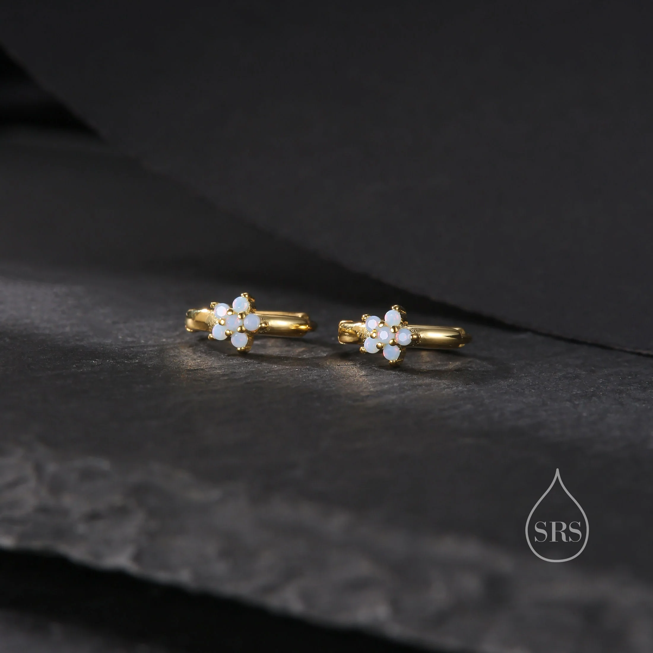 Opal Blue CZ Flower Huggie Hoop in Sterling Silver, Silver or Gold, Delicate Flower CZ Hoops, Tiny Flower Hoops, Tiny CZ Hoops - Image 3