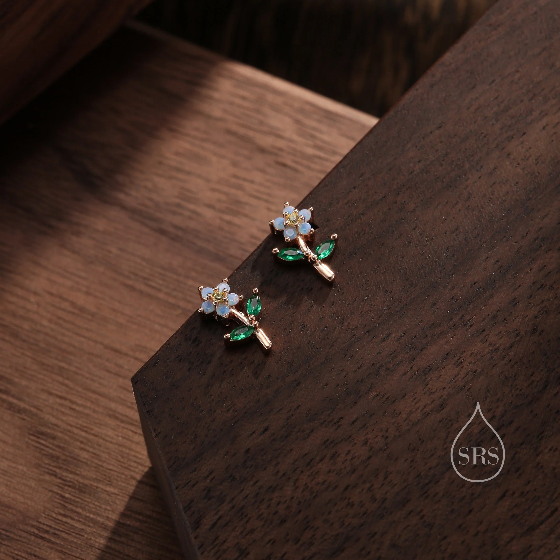 Opal Blue CZ Flower Stud Earrings in Sterling Silver, Silver, Gold or Rose Gold, Delicate CZ Flower Stud Earrings - Image 6
