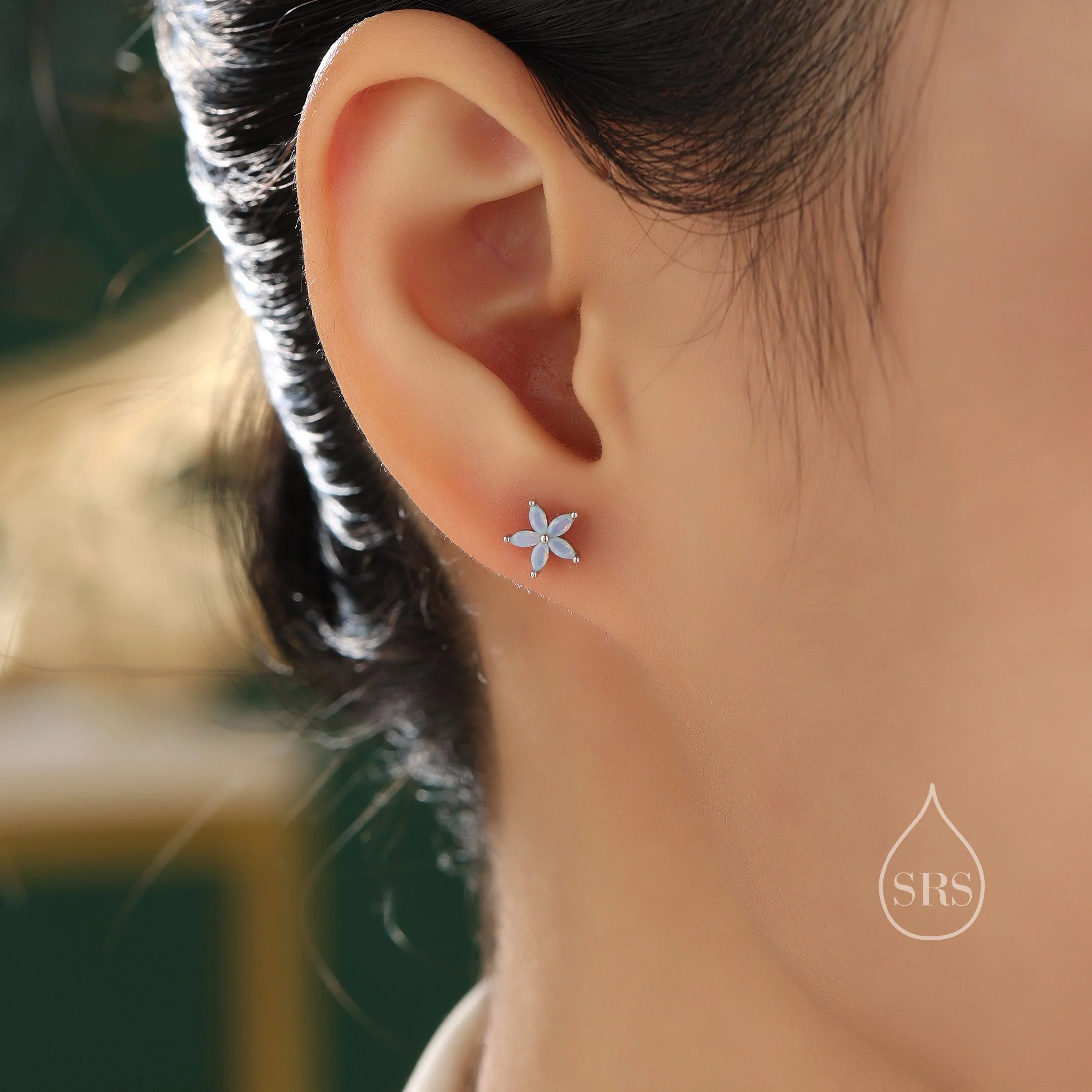 Opal Blue or Opal Pink CZ Flower Stud Earrings in Sterling Silver, Silver or Gold or Rose Gold, Crystal Earrings, Forget Me Not Stud - Image 4