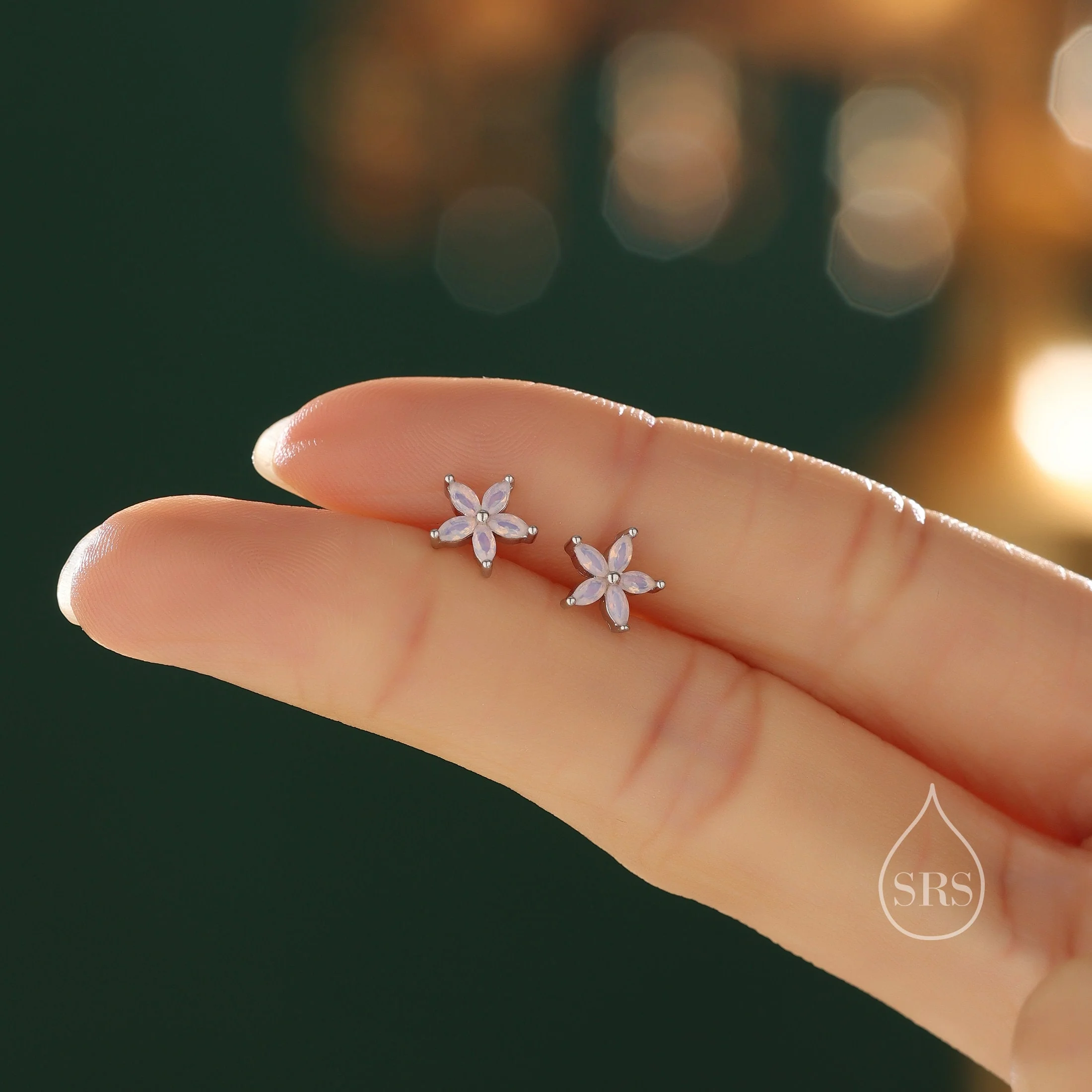 Opal Blue or Opal Pink CZ Flower Stud Earrings in Sterling Silver, Silver or Gold or Rose Gold, Crystal Earrings, Forget Me Not Stud - Image 6