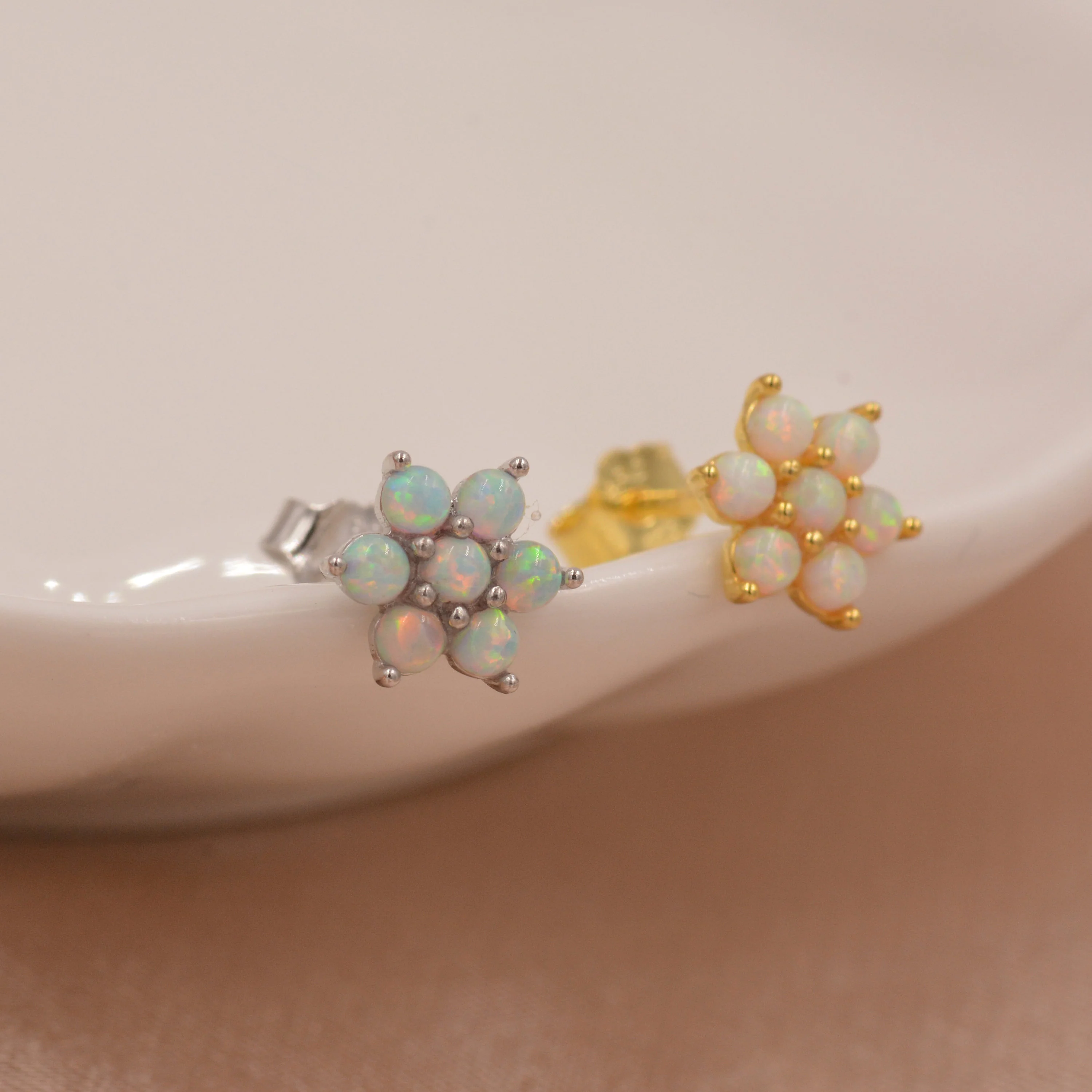 Opal Flower Stud Earrings in Sterling Silver - Gold or Silver - Opal Snowflake - 7 Opal Cluster - Petite Stud Earrings - Image 3