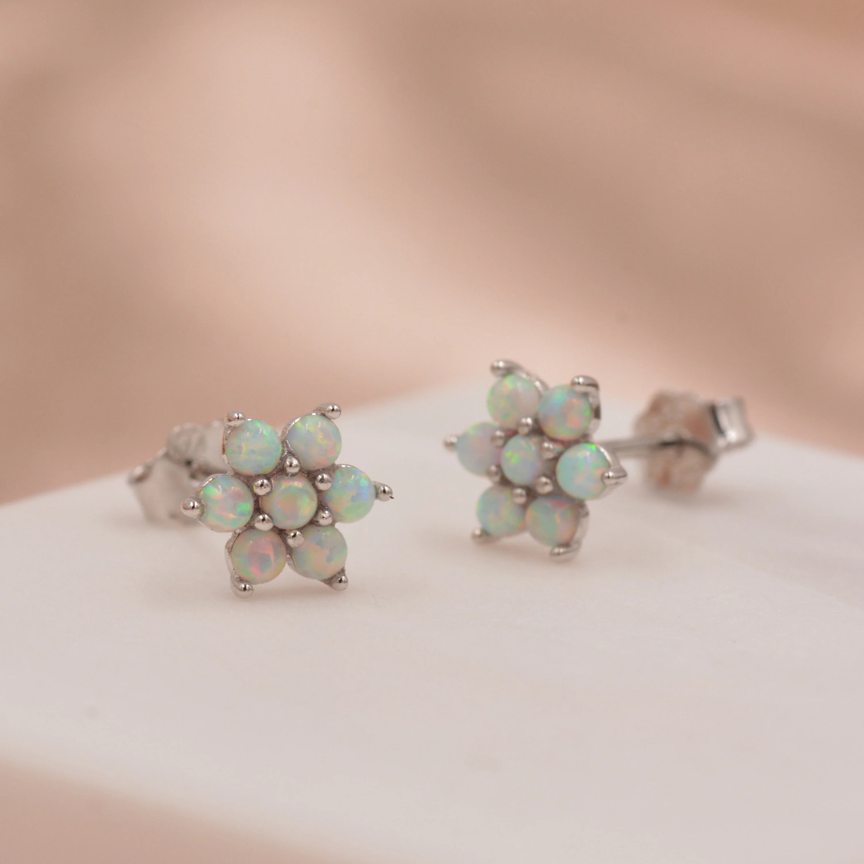 Opal Flower Stud Earrings in Sterling Silver - Gold or Silver - Opal Snowflake - 7 Opal Cluster - Petite Stud Earrings - Image 4