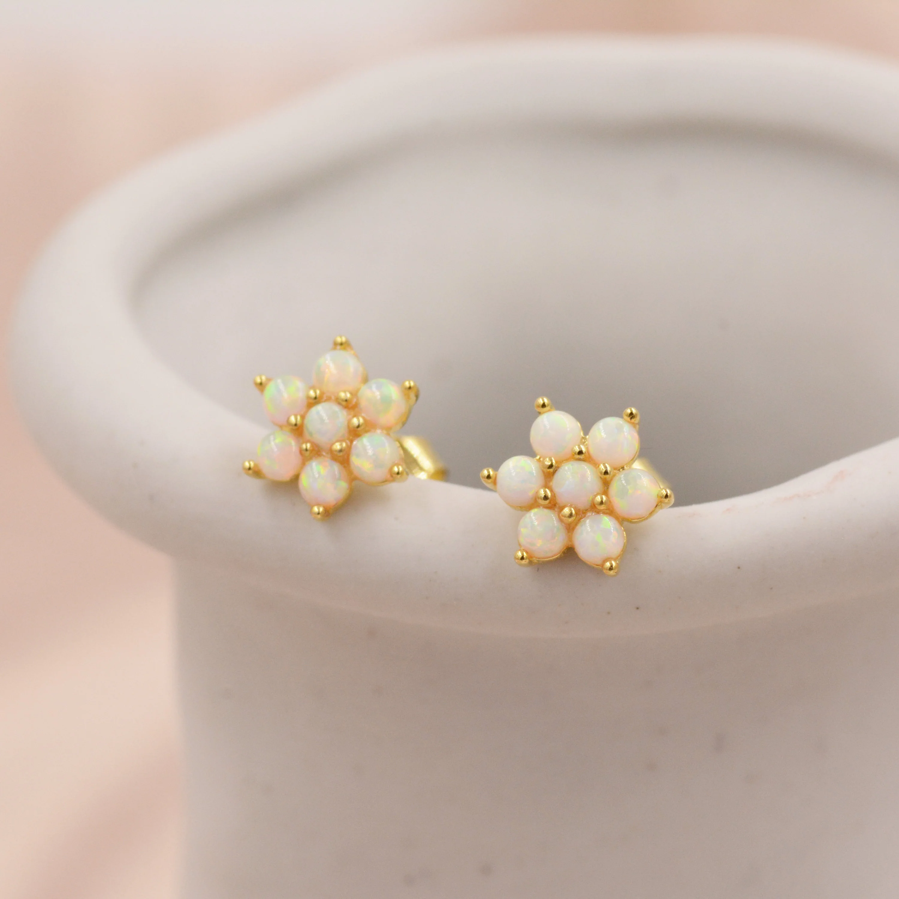 Opal Flower Stud Earrings in Sterling Silver - Gold or Silver - Opal Snowflake - 7 Opal Cluster - Petite Stud Earrings - Image 6