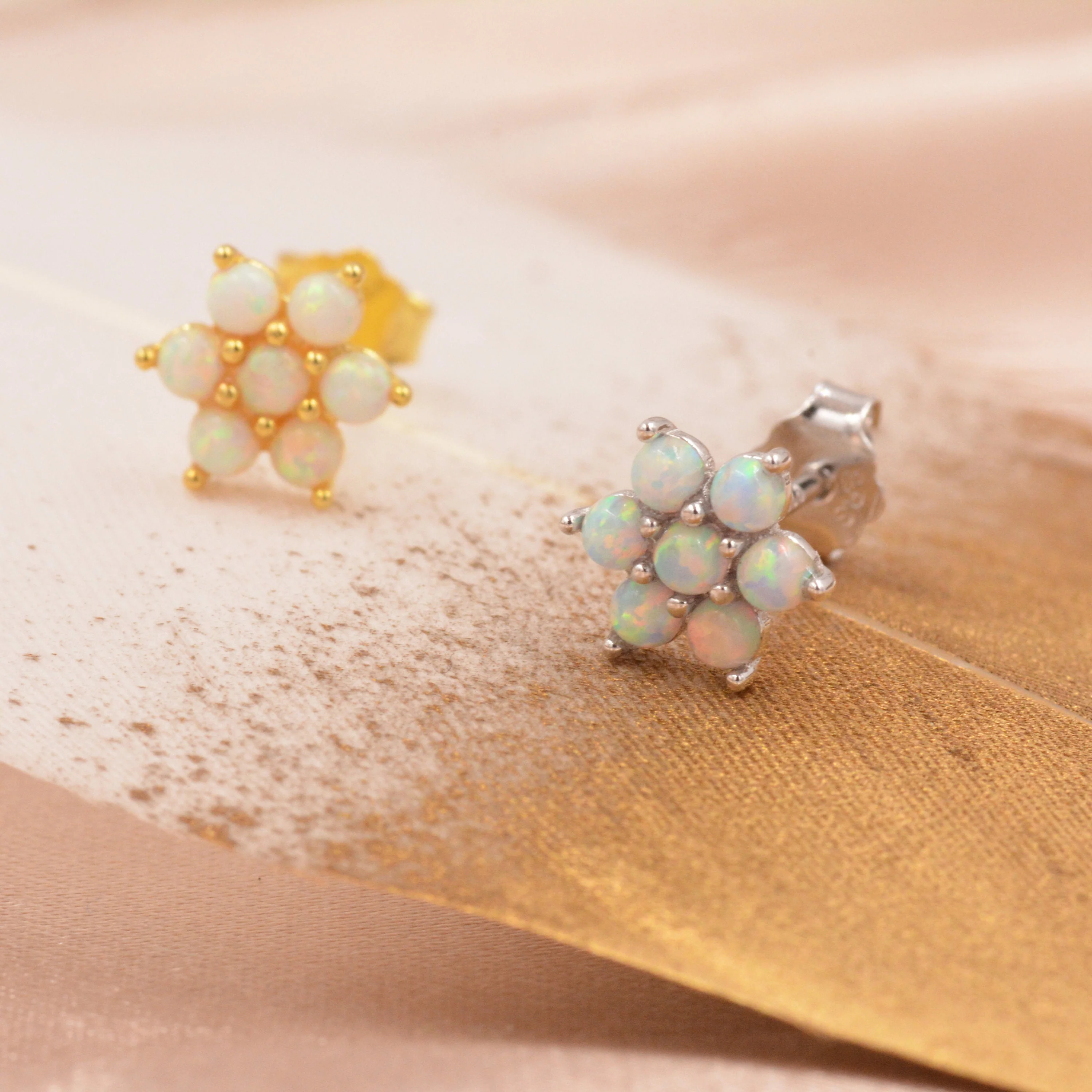 Opal Flower Stud Earrings in Sterling Silver - Gold or Silver - Opal Snowflake - 7 Opal Cluster - Petite Stud Earrings - Image 7