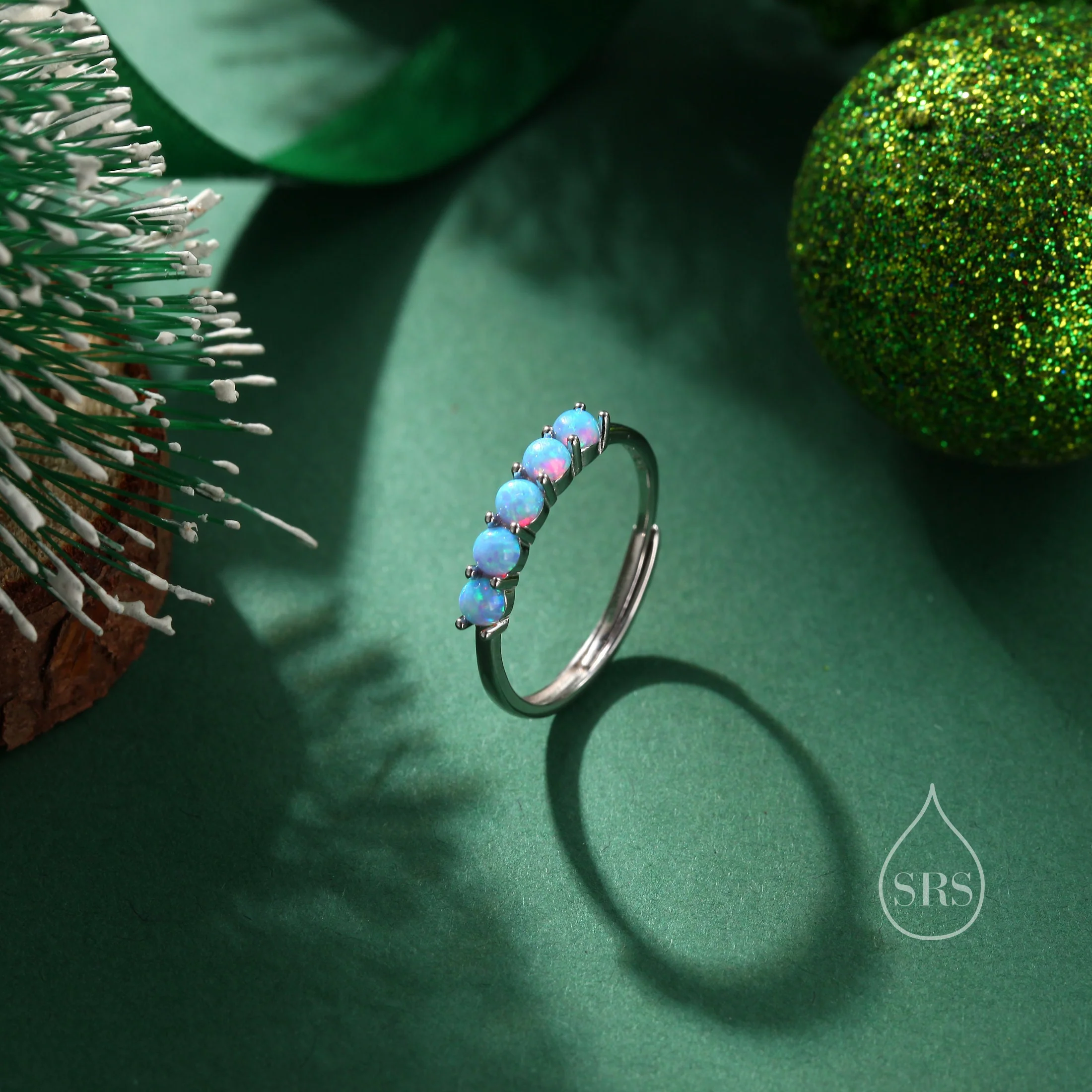 Opal Half Infinity Ring in Sterling Silver, Adjustable Size, Opal Ring, Five Opal Prong Set, Lab Opal Stone Ring, White Opal or Blue Opal - Image 3