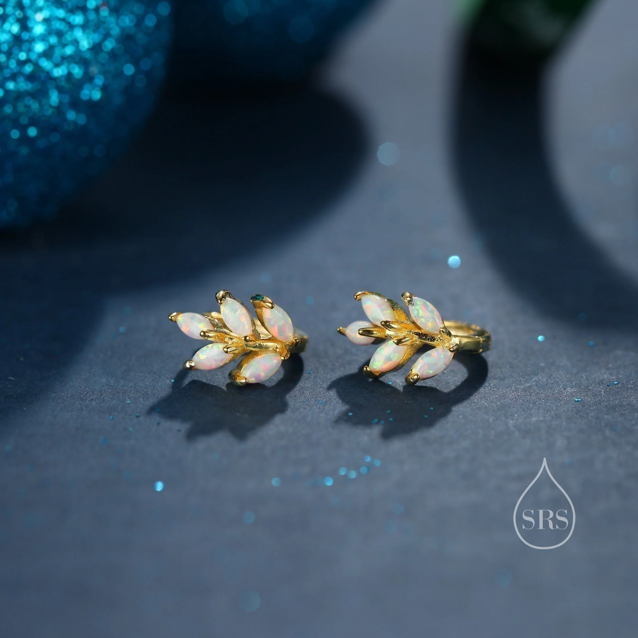 Opal Leaf Huggie Hoop Earrings in Sterling Silver, Silver or Gold or Rose Gold, White Opal Marquise or Green Opal Hoop Earrings - Image 5