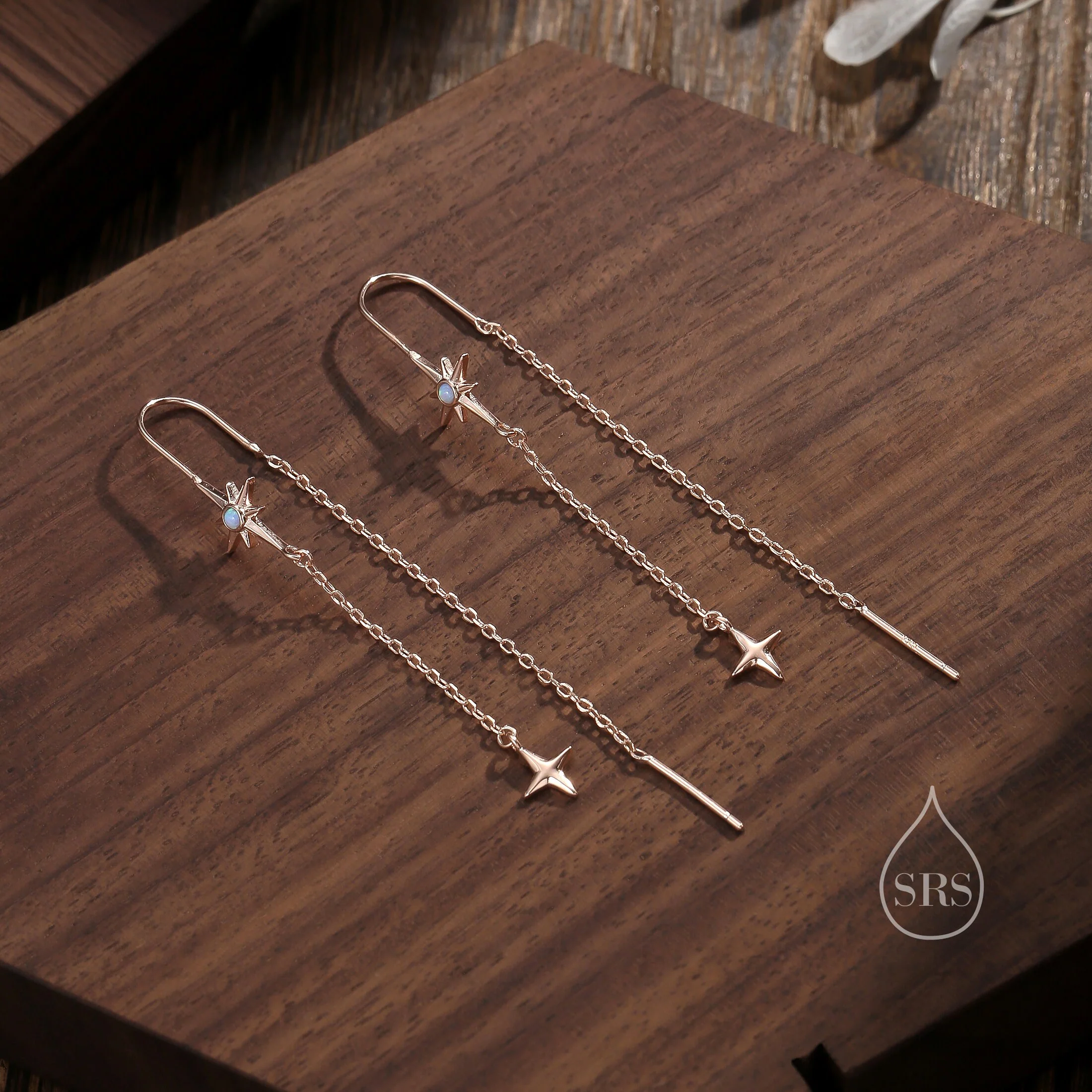 Opal Starburst and Star U Shape Threader Earrings in Sterling Silver, Silver or Gold or rose gold , North Star Ear Threaders - Image 5