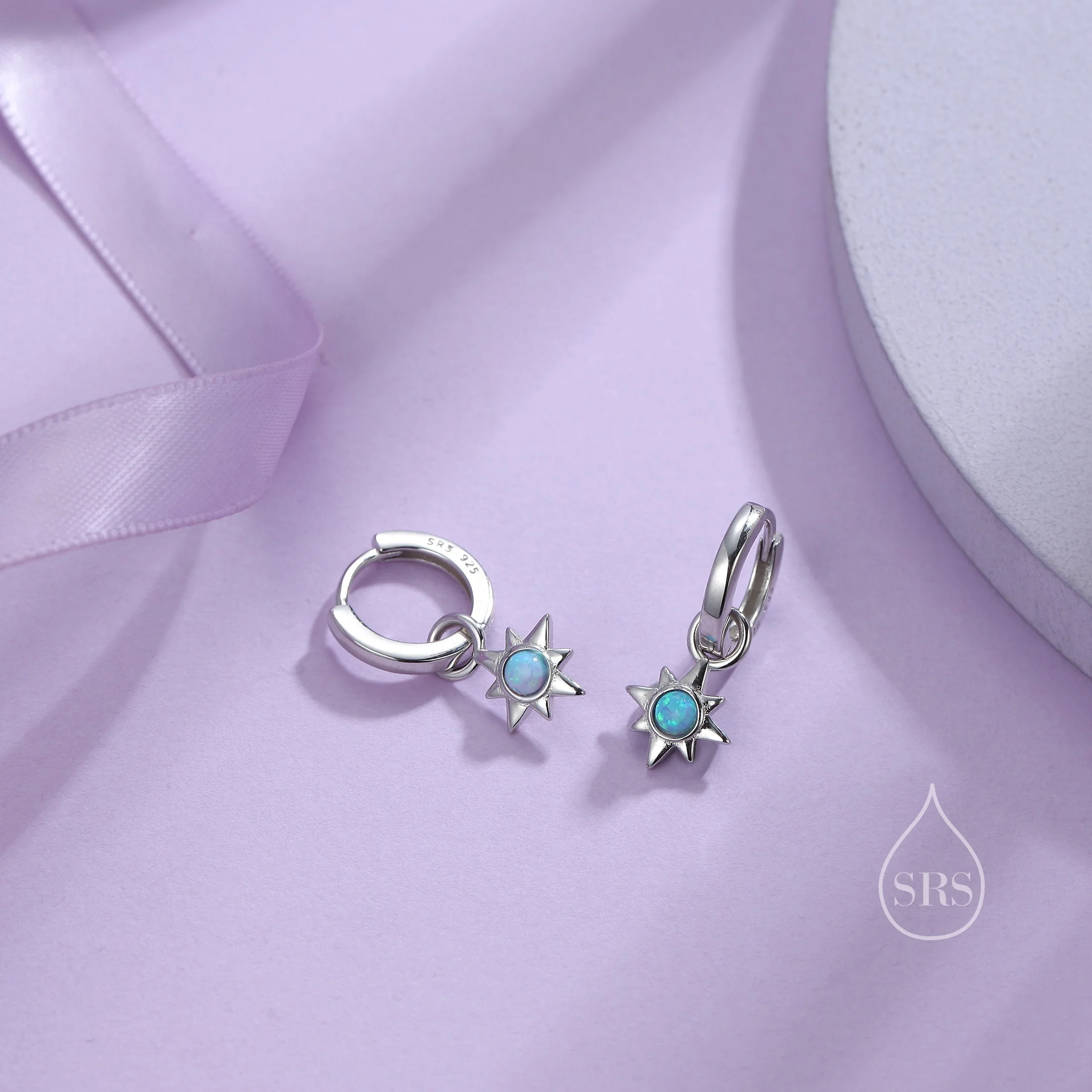 Opal Starburst Huggie Hoop Earrings in Sterling Silver, Blue Opal North Star Detachable Drop Earrings, Delicate Blue Opal Star Earrings - Image 3