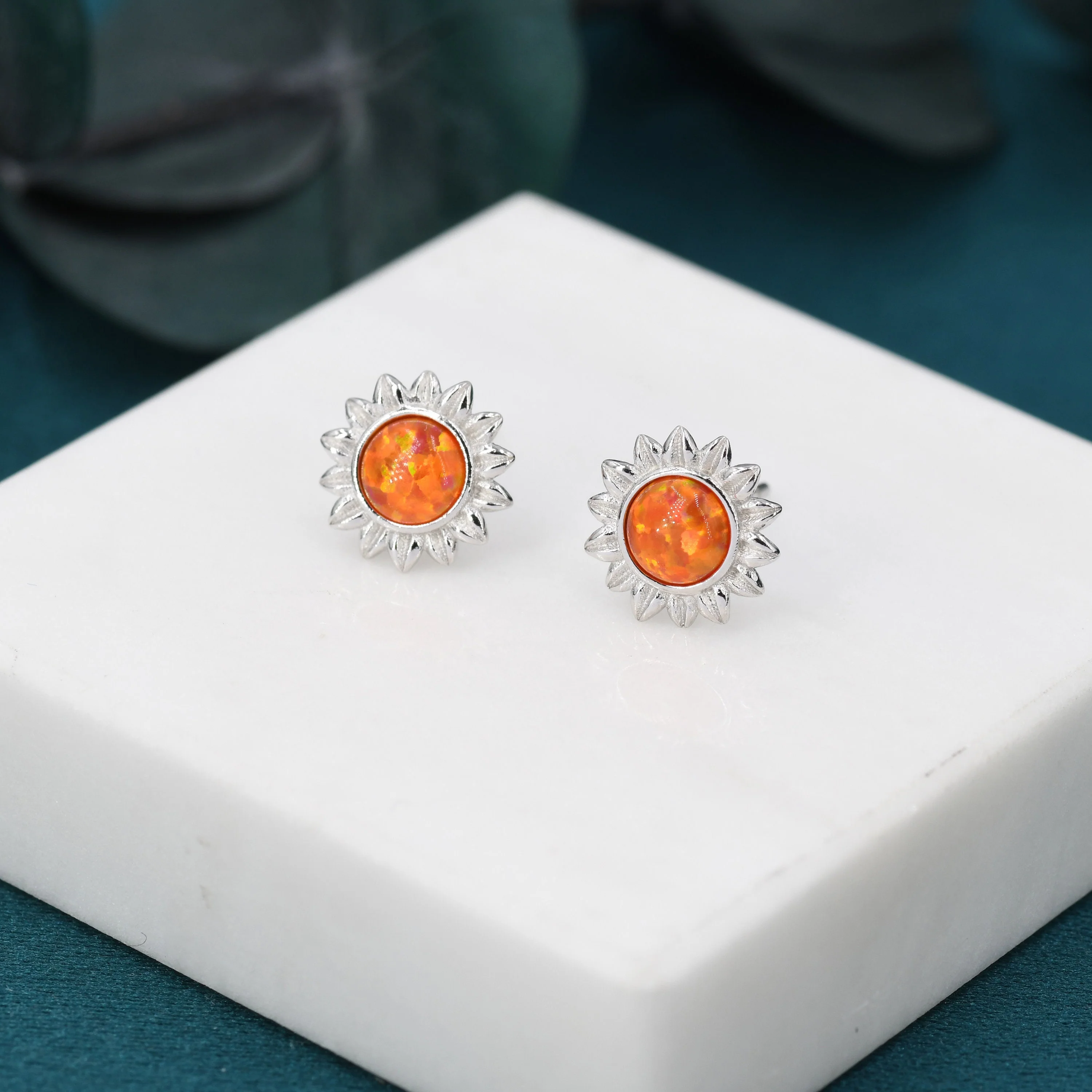 Opal Sunflower Stud Earrings in Sterling Silver - Flower Stud Earrings - Cute, Fun, Whimsical - Image 5