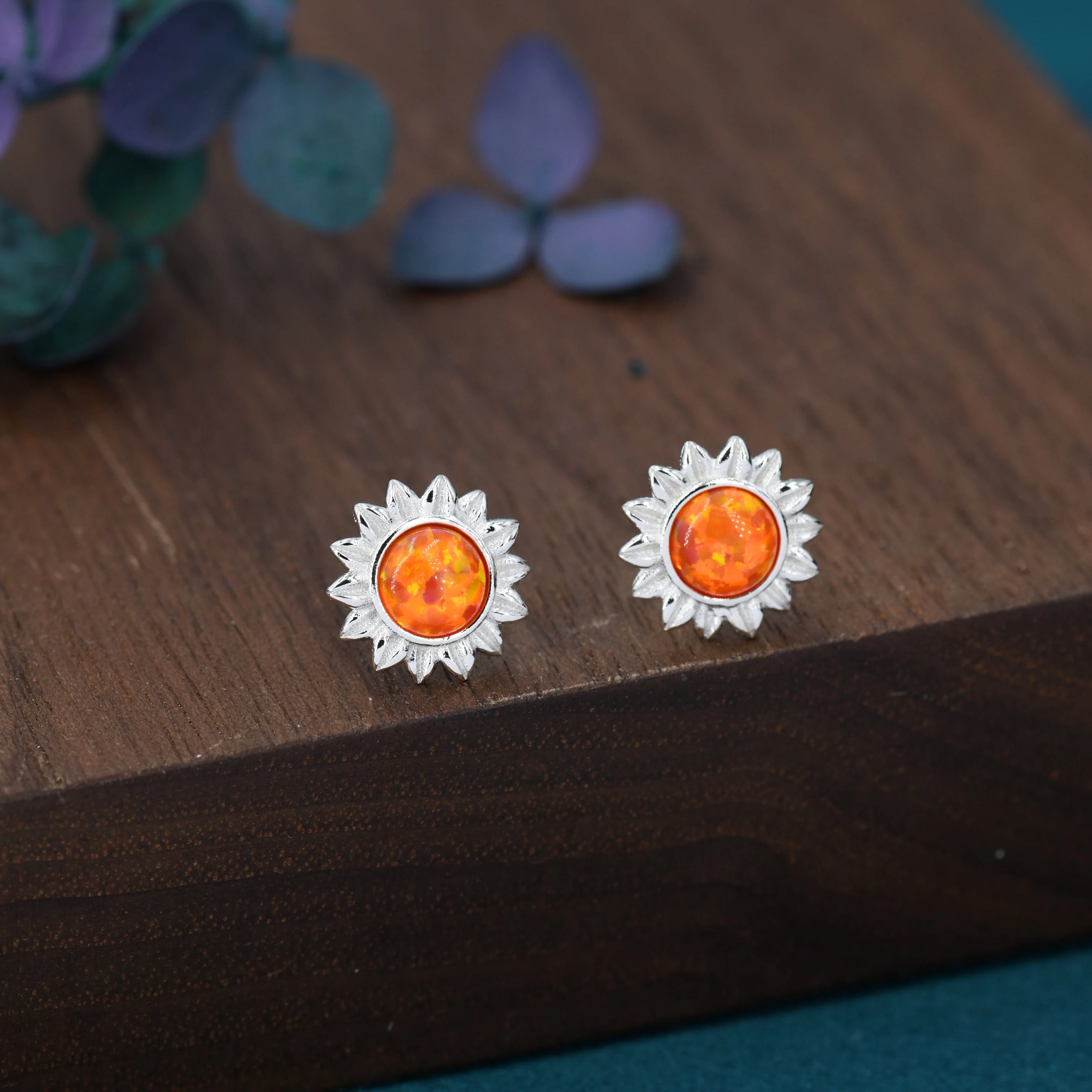 Opal Sunflower Stud Earrings in Sterling Silver - Flower Stud Earrings - Cute, Fun, Whimsical - Image 6