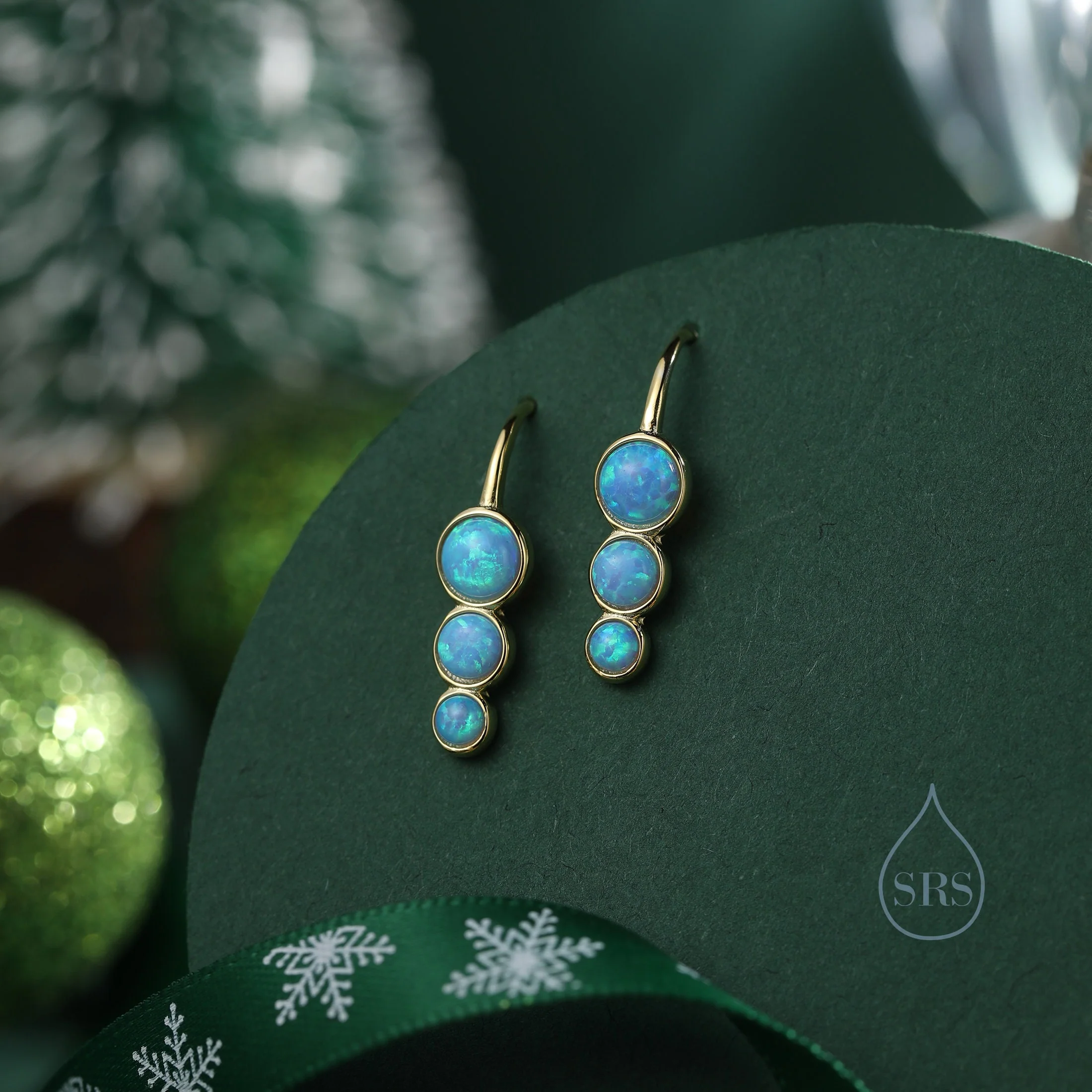 Opal Trio Droplet Drop Hook Earrings in Sterling Silver, Blue Opal or White Opal, Delicate Three Opal Earrings, Opal Coin Earrings - Image 2