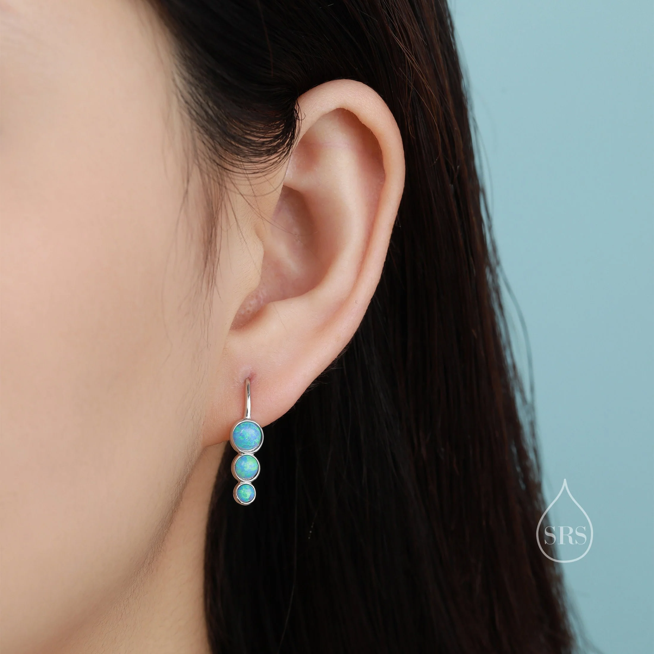 Opal Trio Droplet Drop Hook Earrings in Sterling Silver, Blue Opal or White Opal, Delicate Three Opal Earrings, Opal Coin Earrings - Image 6