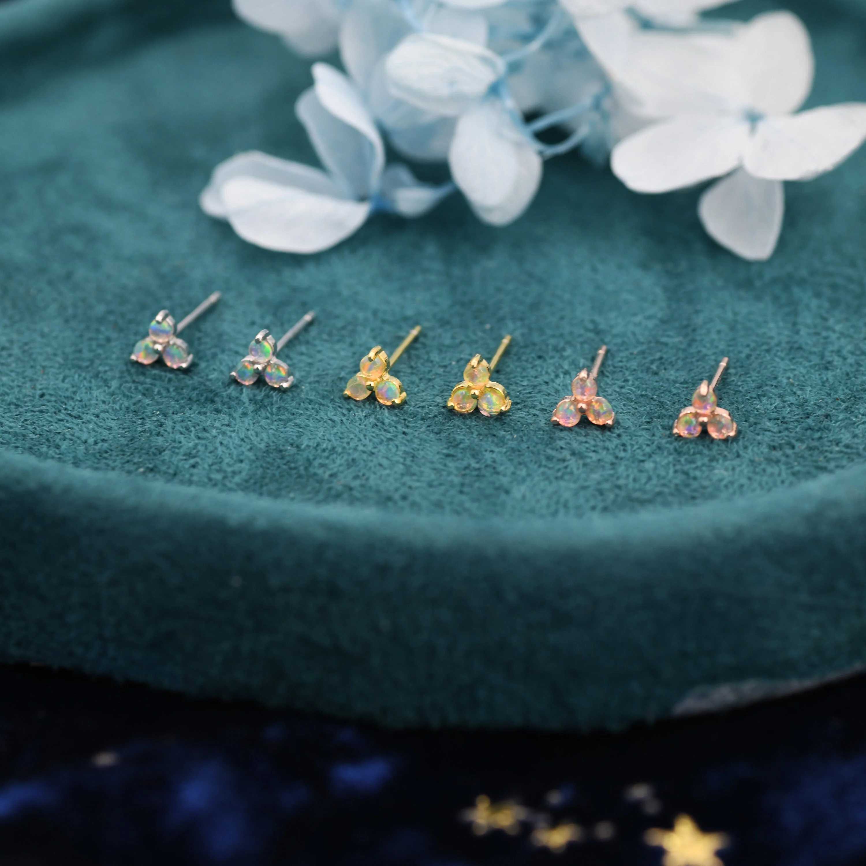 Opal Trio Stud Earrings in Sterling Silver, Silver, Gold or Rose Gold, Dainty Three Dot Opal Earrings - Image 4