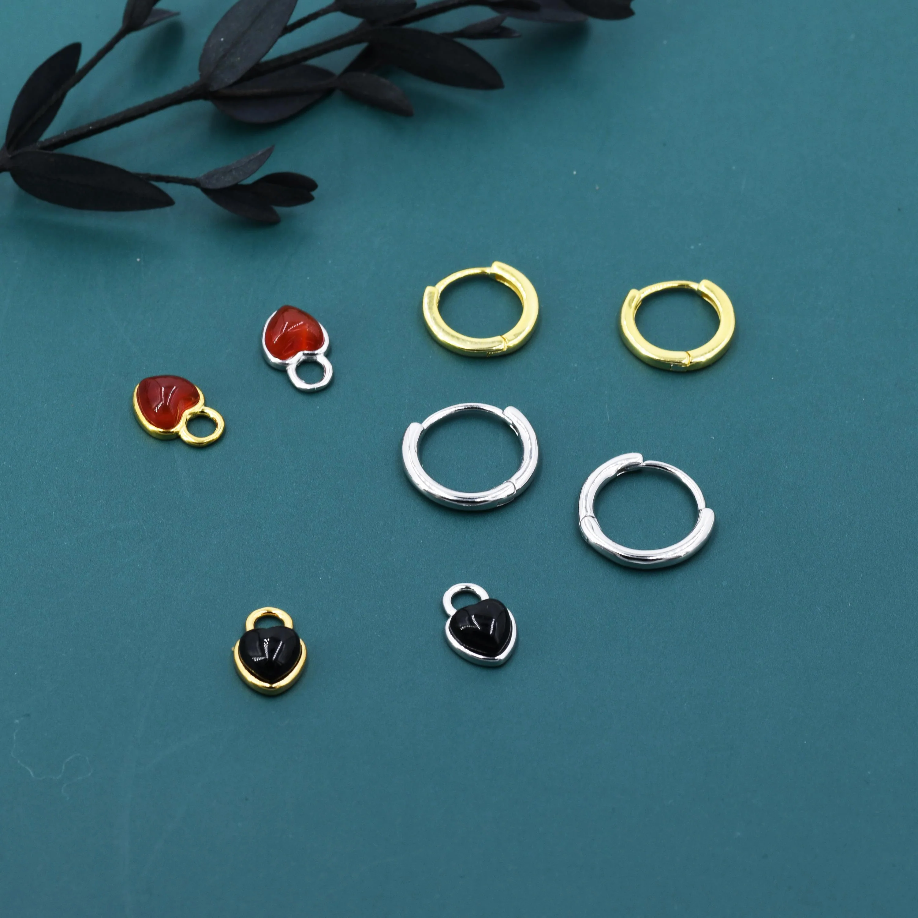 Opal/Onyx Heart Charms for Huggie Hoops, Detachable Genuine Onyx Heart Charms, Lab Created White/Blue Opal Charms for Hoops, Red/ Black Onyx - Image 7