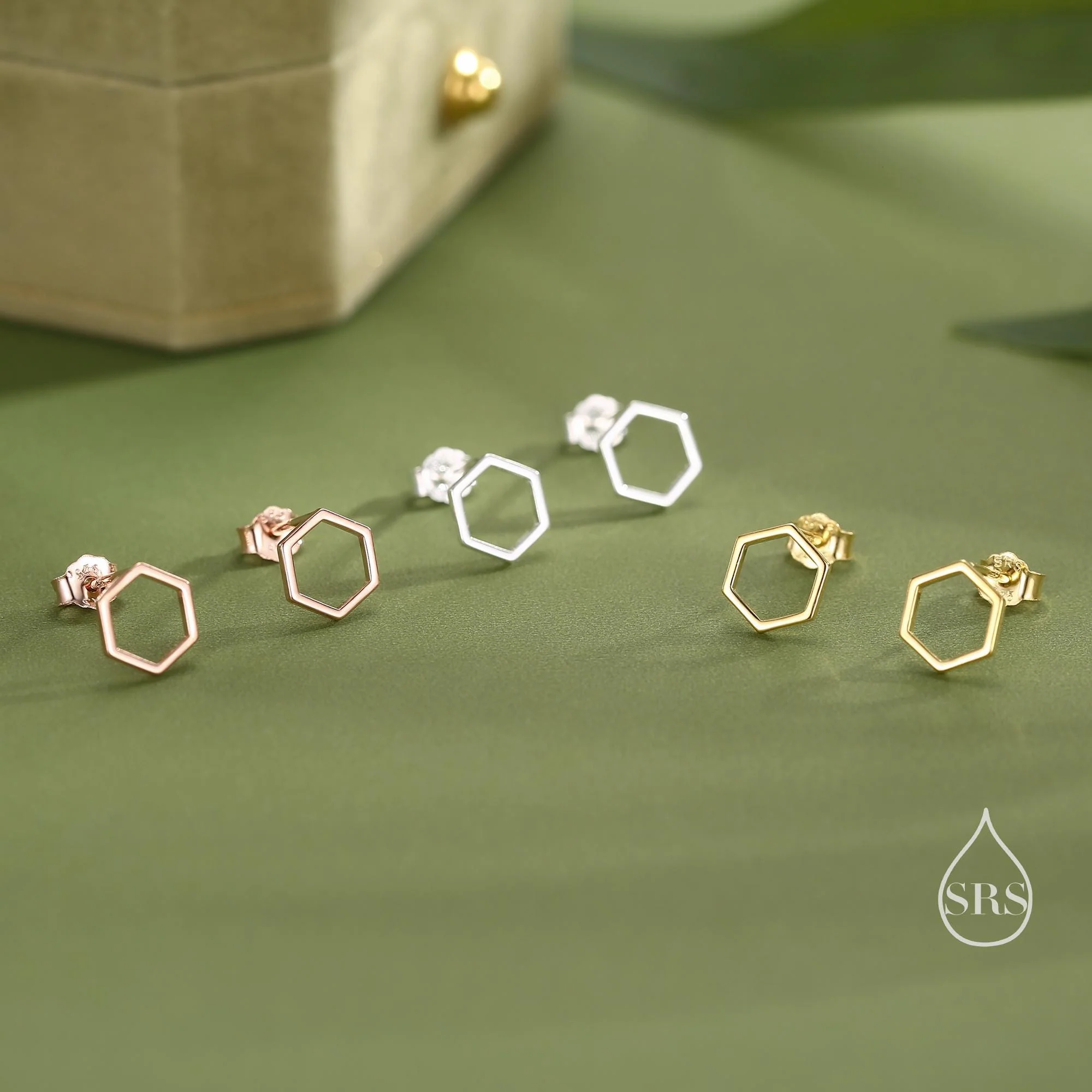 Open Hexagon Stud Earrings in Sterling Silver, Silver, Gold or Rose Gold, Minimalist Geometric Design - Image 9
