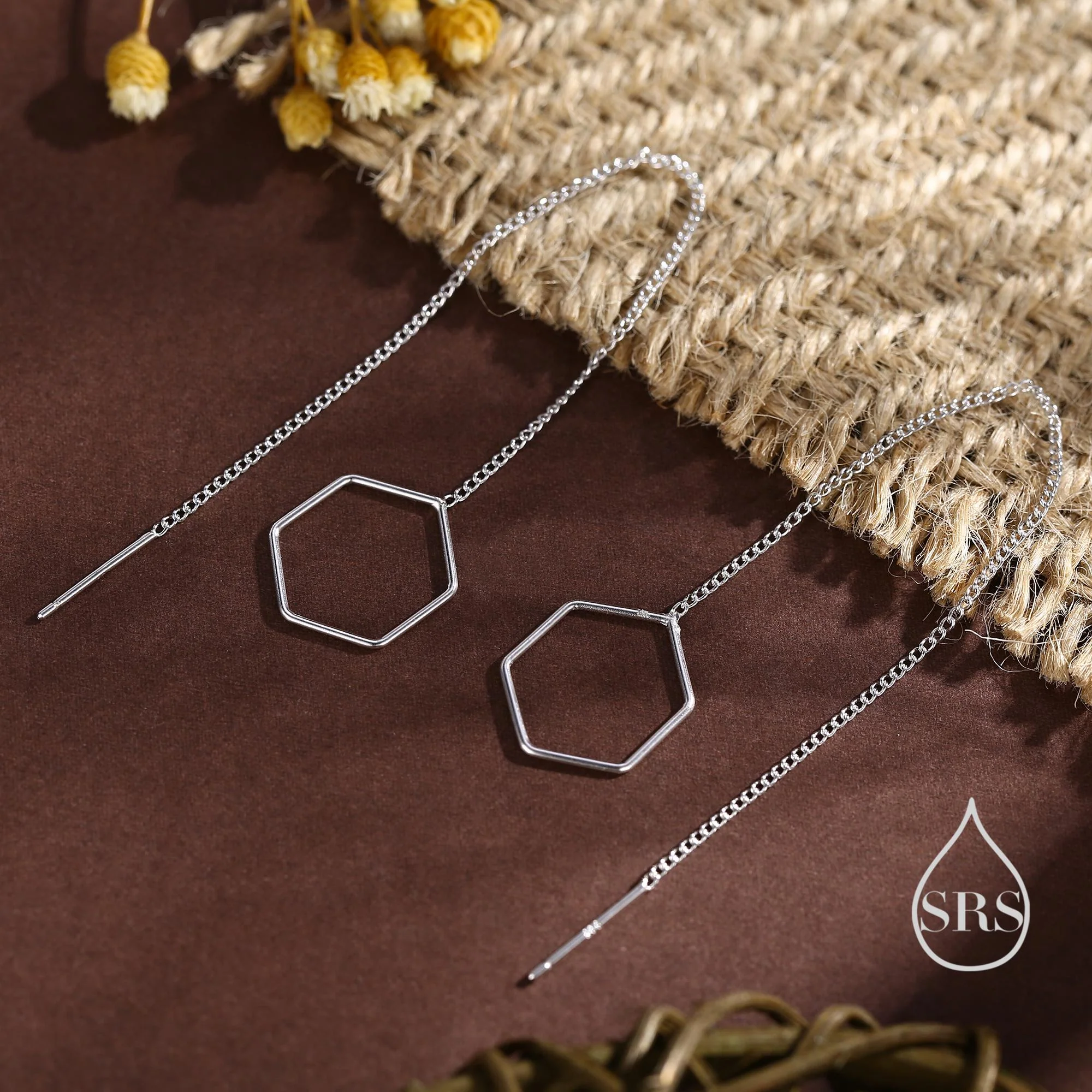 Open Hexagon Threader Earrings in Sterling Silver, Silver or Gold or Rose Gold, Chain Earrings - Image 3