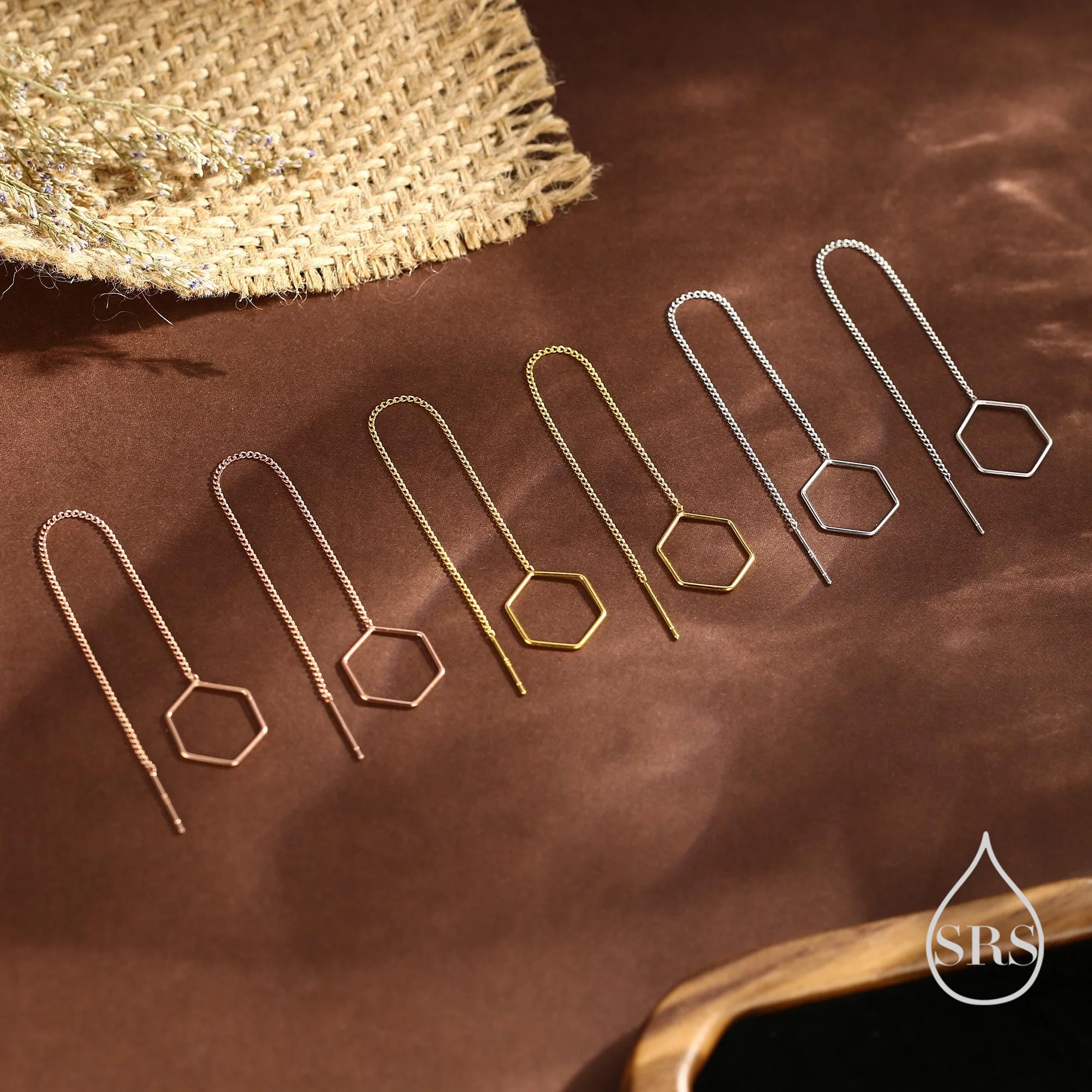 Open Hexagon Threader Earrings in Sterling Silver, Silver or Gold or Rose Gold, Chain Earrings - Image 6