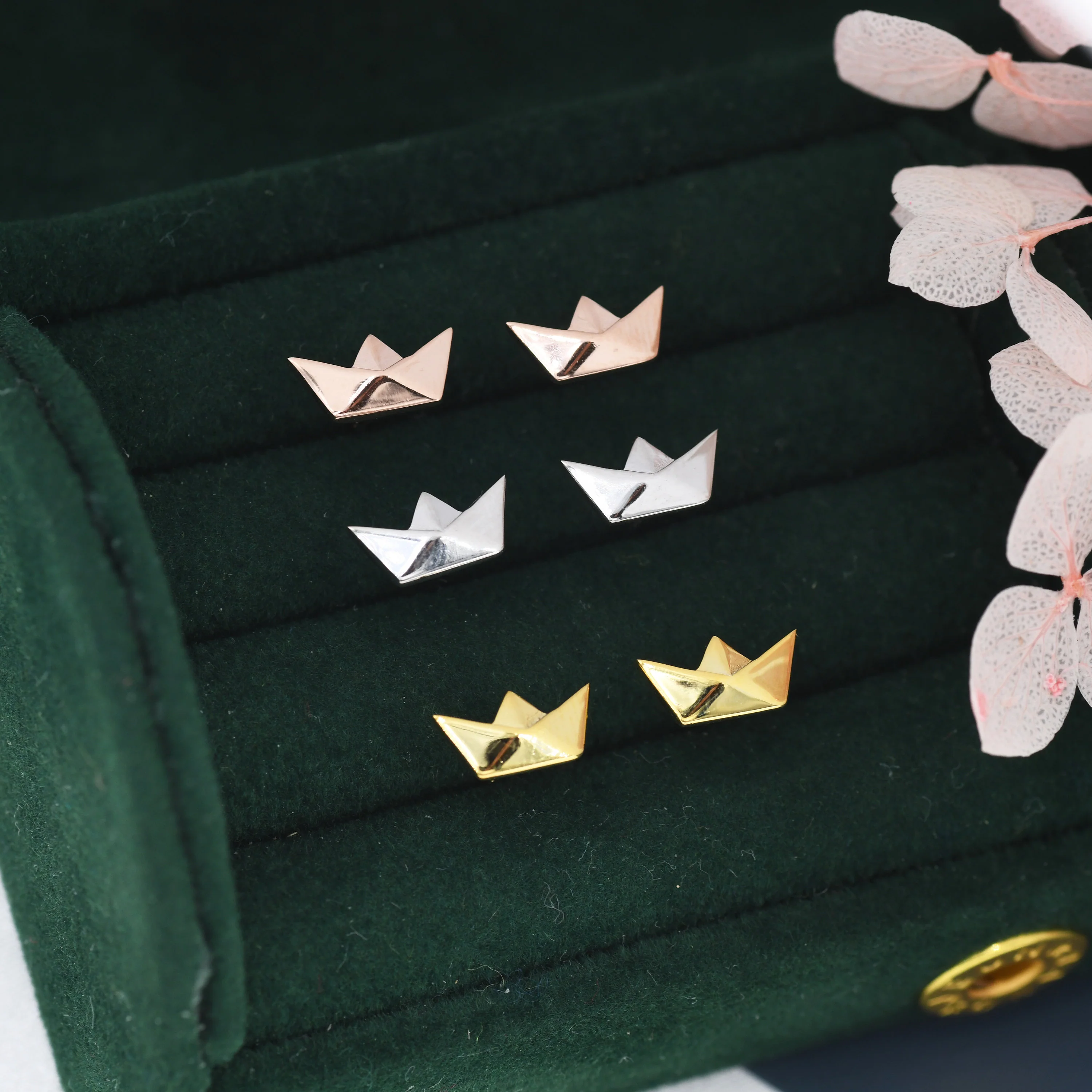 Origami Paper Boat Stud Earrings in Sterling Silver, Silver, Gold or Rose Gold, Boat Earrings, Origami Earrings - Image 2