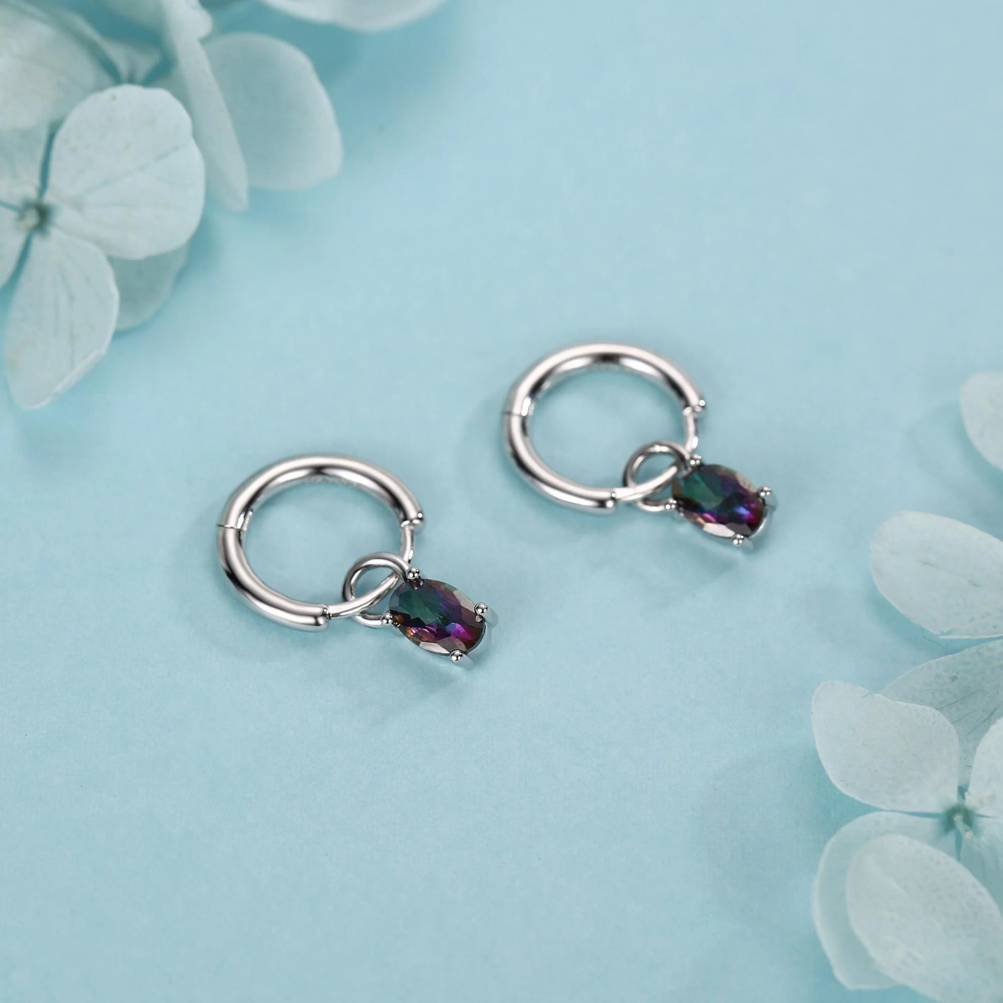 Oval Aurora Black CZ Huggie Hoop in Sterling Silver, Silver or Gold, Mystic Topaz CZ Crystal Hoop Earrings, Detachable and Interchangeable - Image 3