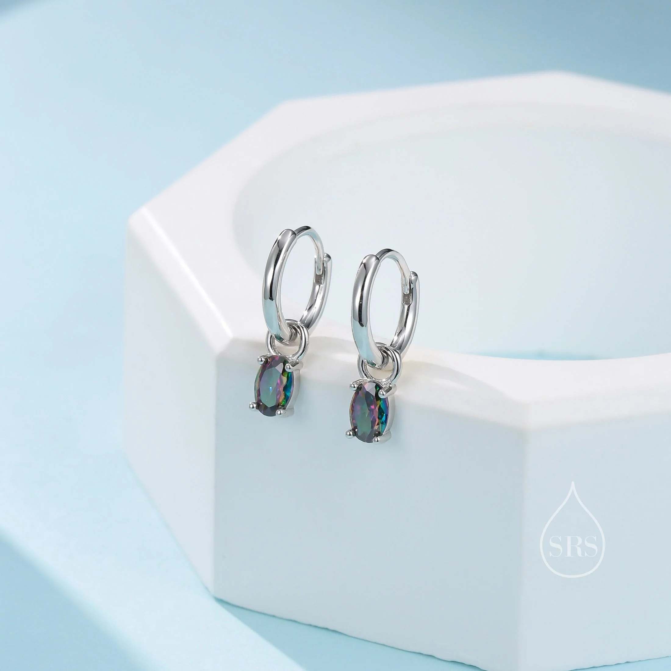 Oval Aurora Black CZ Huggie Hoop in Sterling Silver, Silver or Gold, Mystic Topaz CZ Crystal Hoop Earrings, Detachable and Interchangeable - Image 8
