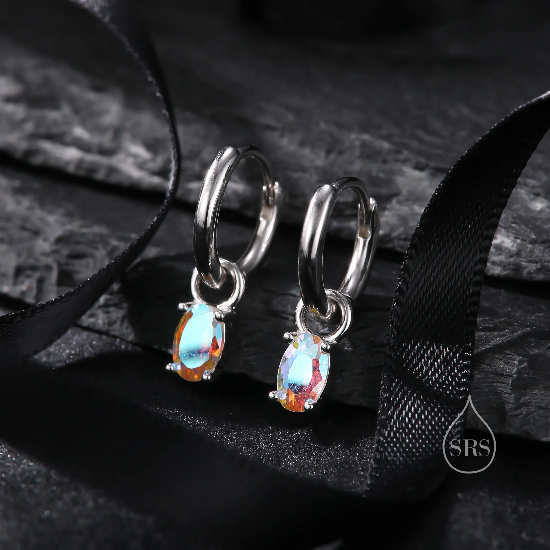 Oval Aurora CZ Huggie Hoop in Sterling Silver, Silver or Gold, Minimalist Simple AB Crystal Hoop Earrings, Detachable and Interchangeable