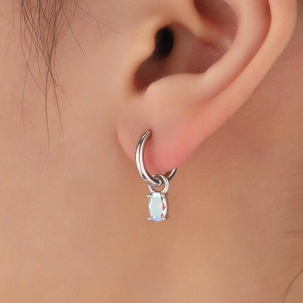 Oval Aurora CZ Huggie Hoop in Sterling Silver, Silver or Gold, Minimalist Simple AB Crystal Hoop Earrings, Detachable and Interchangeable - Image 6