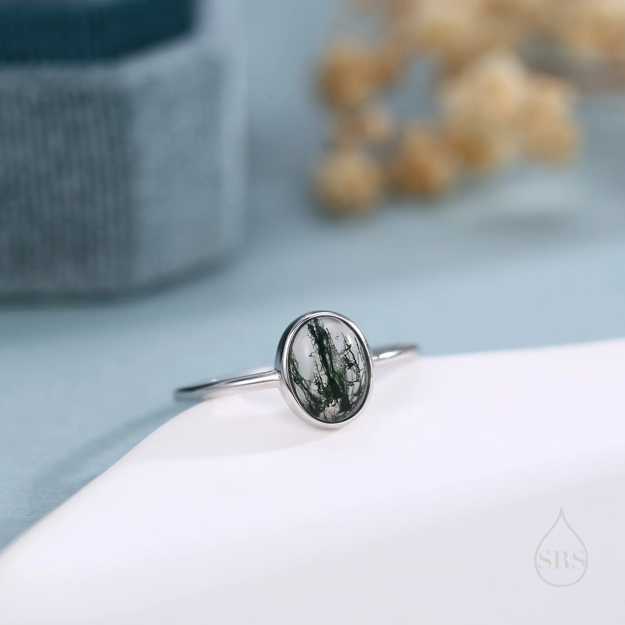 Oval Cabochon Moss Agate Classic Single Stone Engagement Ring in Sterling Silver, US Size 5 6 7 8, Oval Cut Shape Moss Agate Ring - Image 4