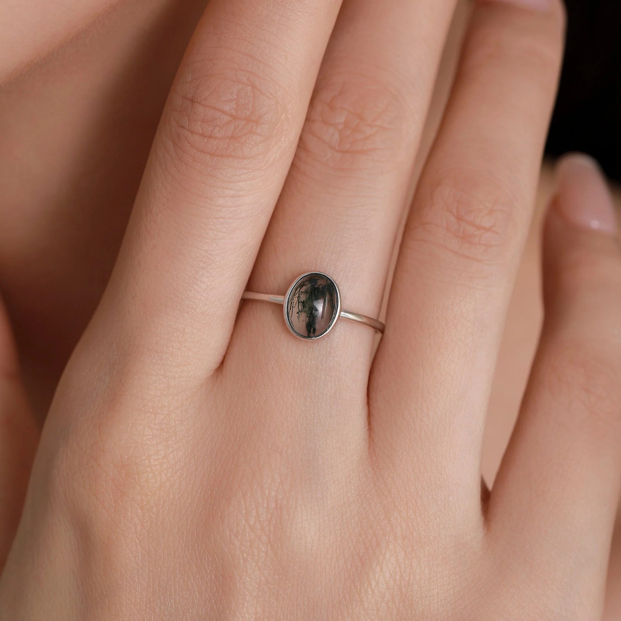 Oval Cabochon Moss Agate Classic Single Stone Engagement Ring in Sterling Silver, US Size 5 6 7 8, Oval Cut Shape Moss Agate Ring - Image 7